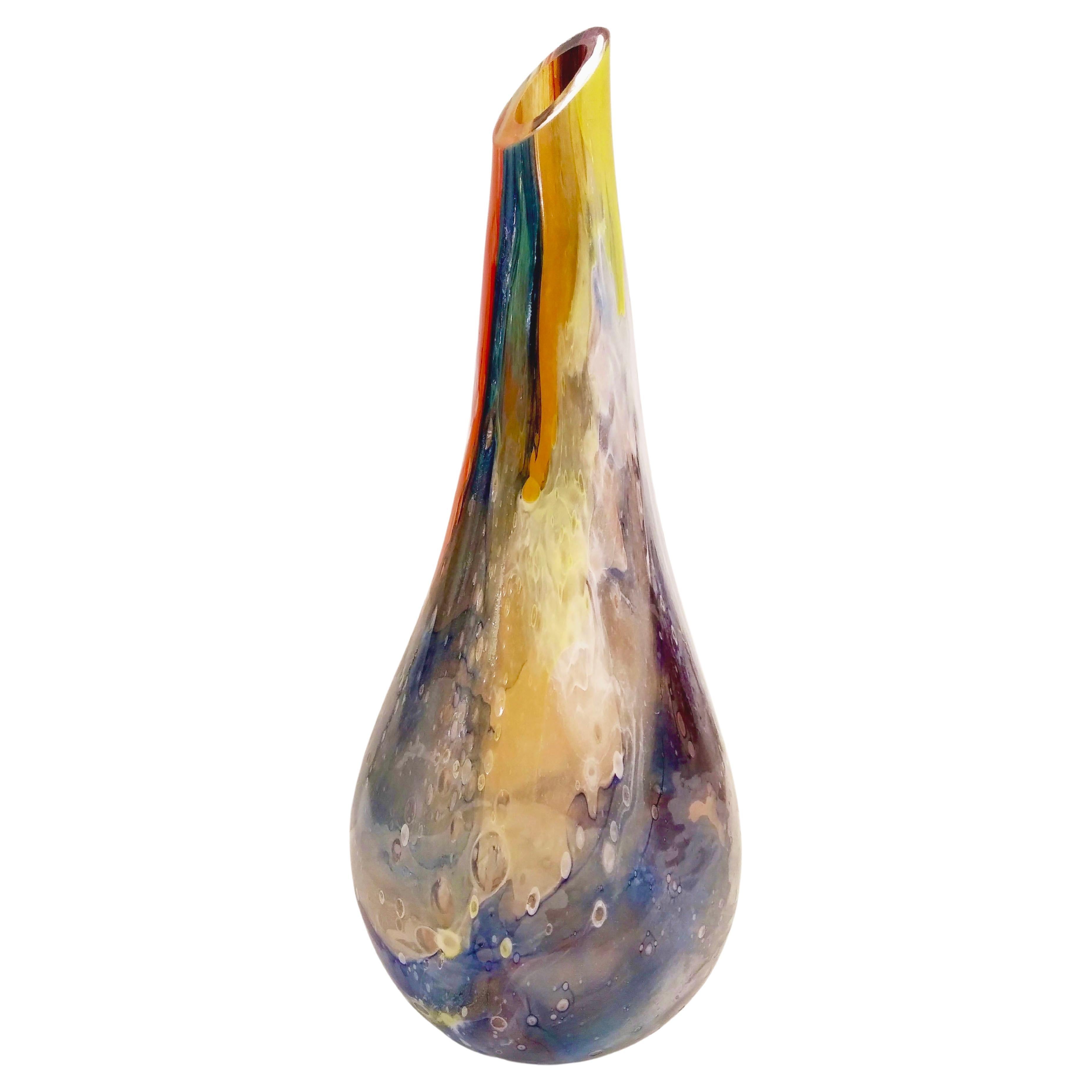 Italian Yellow Red Blue Silver Overlaid Crystal Murano Glass Sculpture Vase