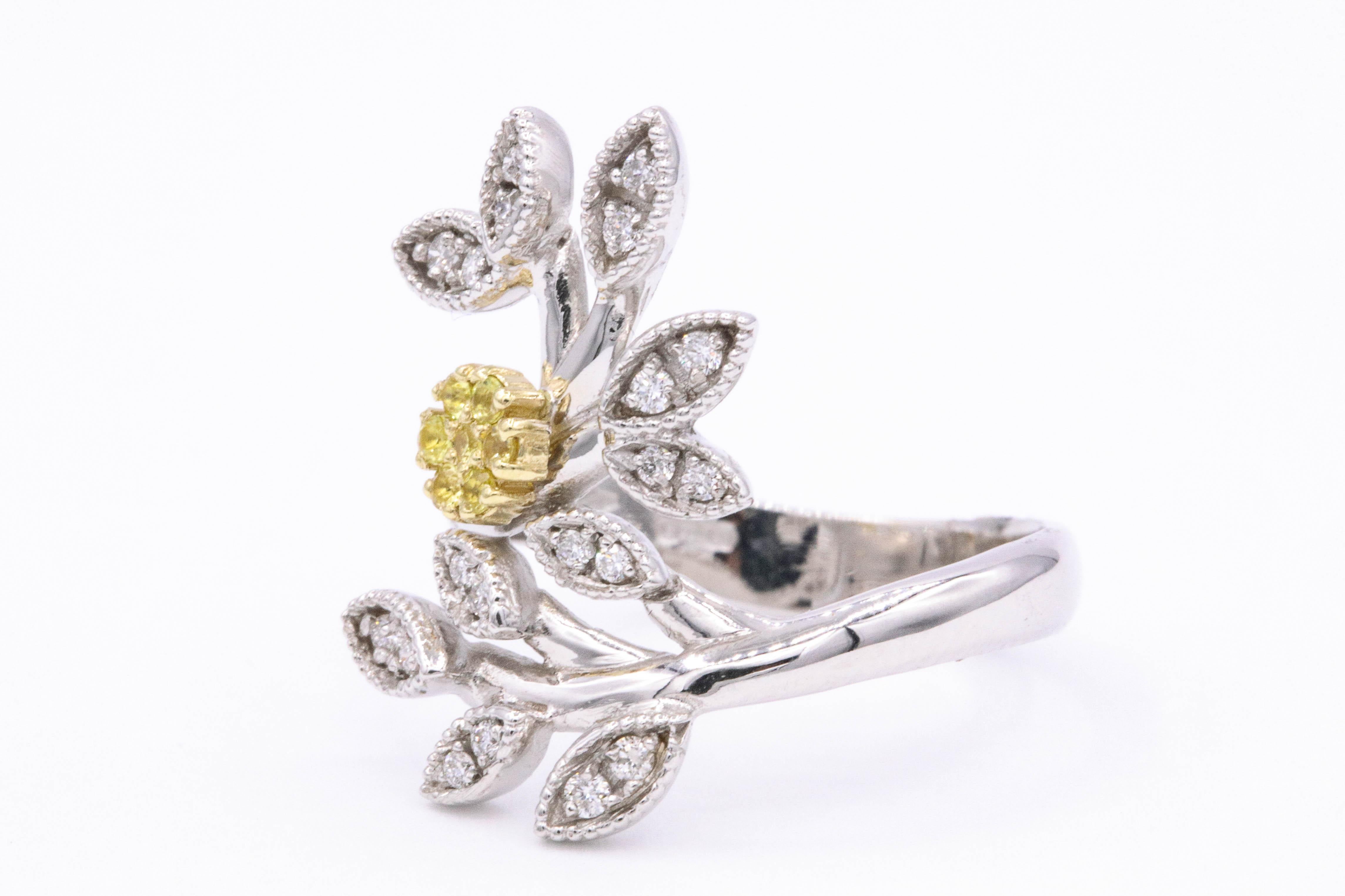Round Cut Italian Yellow Sapphires Diamond Floral Ring 0.29 Carat 18 Karat