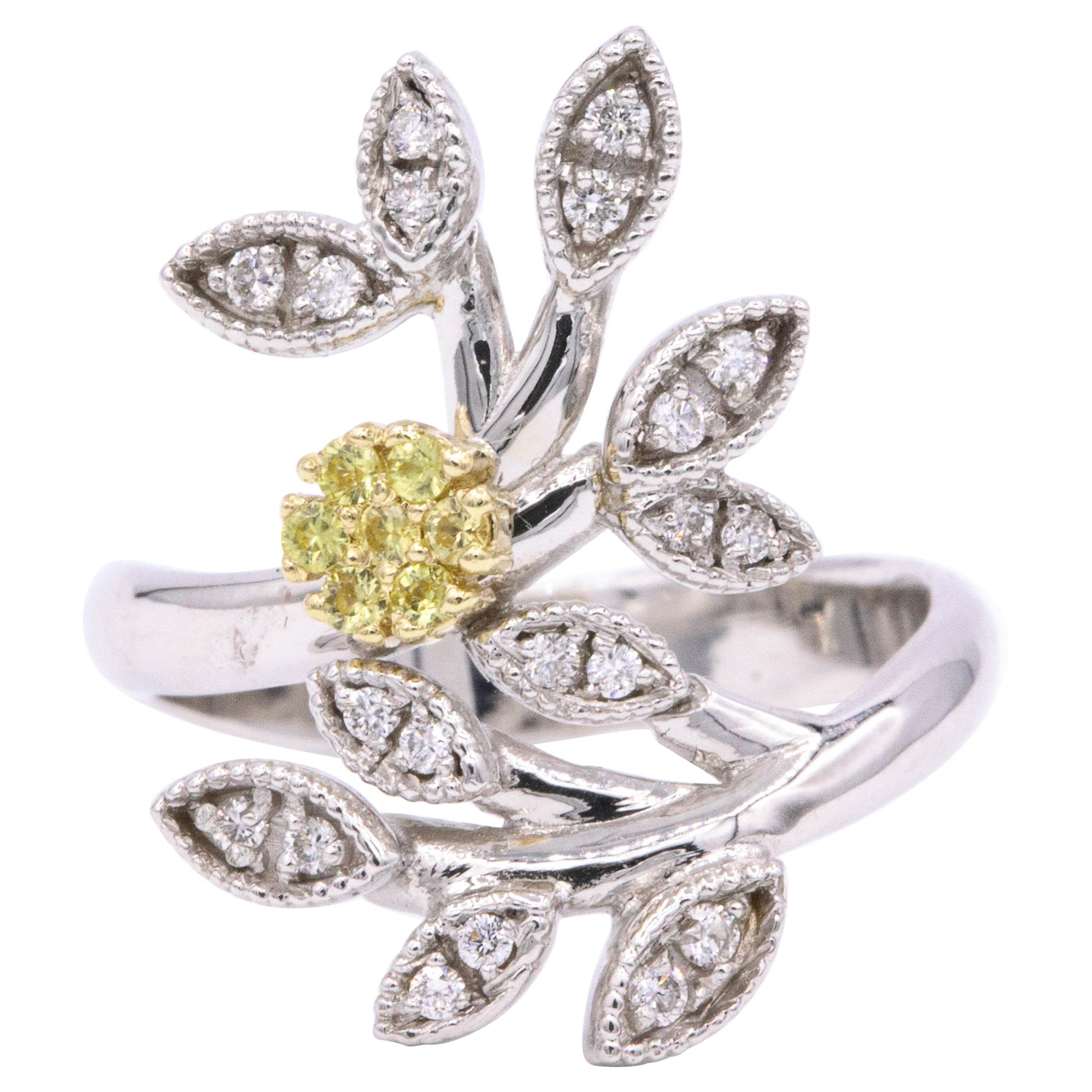 Italian Yellow Sapphires Diamond Floral Ring 0.29 Carat 18 Karat