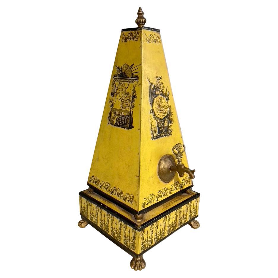 Italian Yellow Tole Obelisk Urn With Paw Feet For Sale