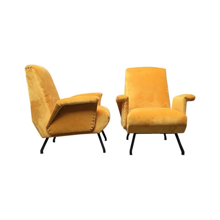 Italian Yellow Velvet Armchairs, 1960s