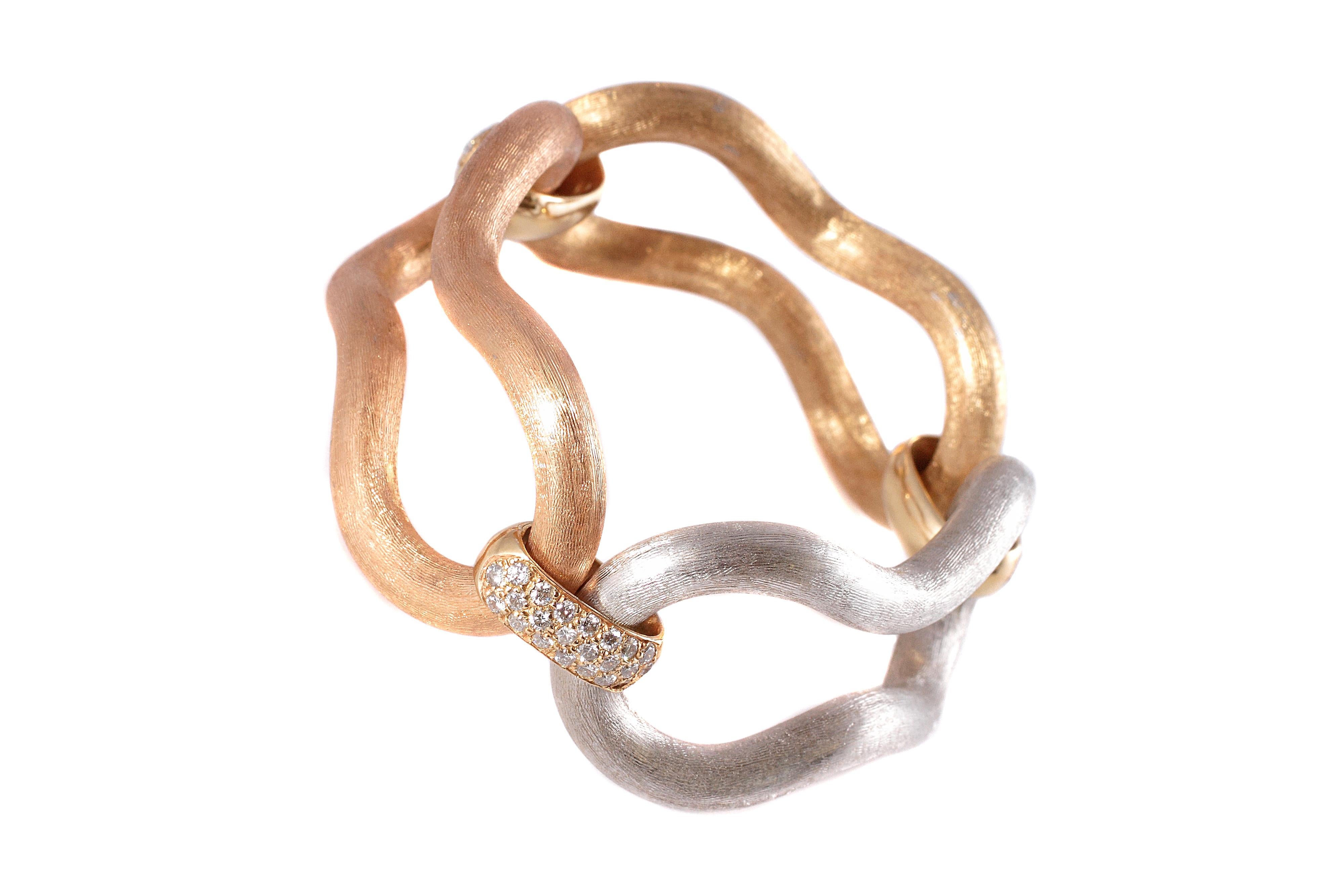 Women's or Men's Italian Yellow White and Rose Gold 1.60 Carat Diamond Bracelet
