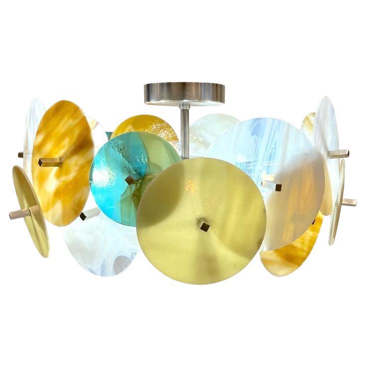 Lustre circulaire italien Spoutnik en verre de Murano nickelé, jaune, blanc et bleu pastel en vente