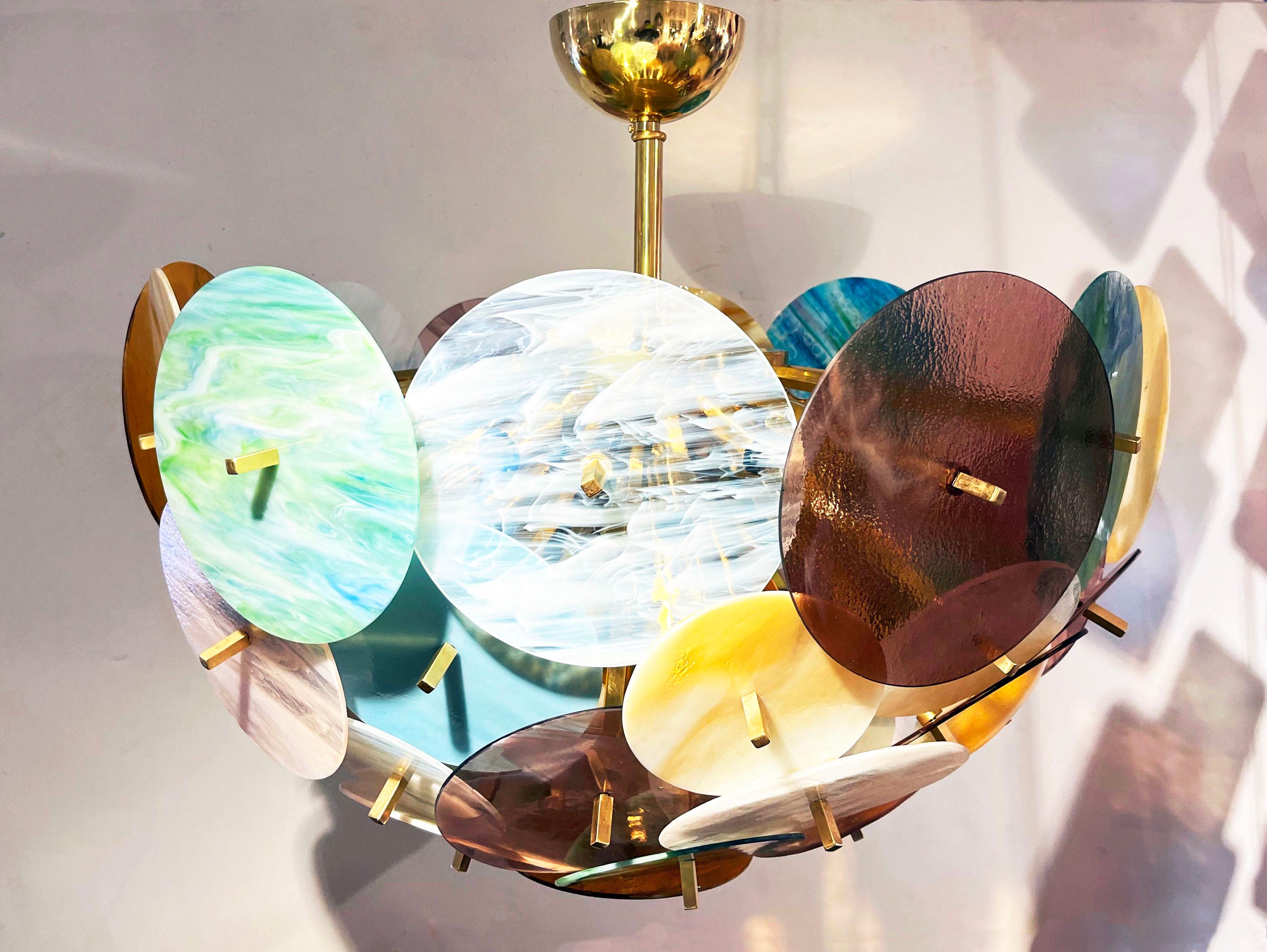 Italienischer Sputnik-Kronleuchter aus Muranoglas und Messing in Gelb, Weiß, Rosa und Aquablau mit Pastell im Angebot 11