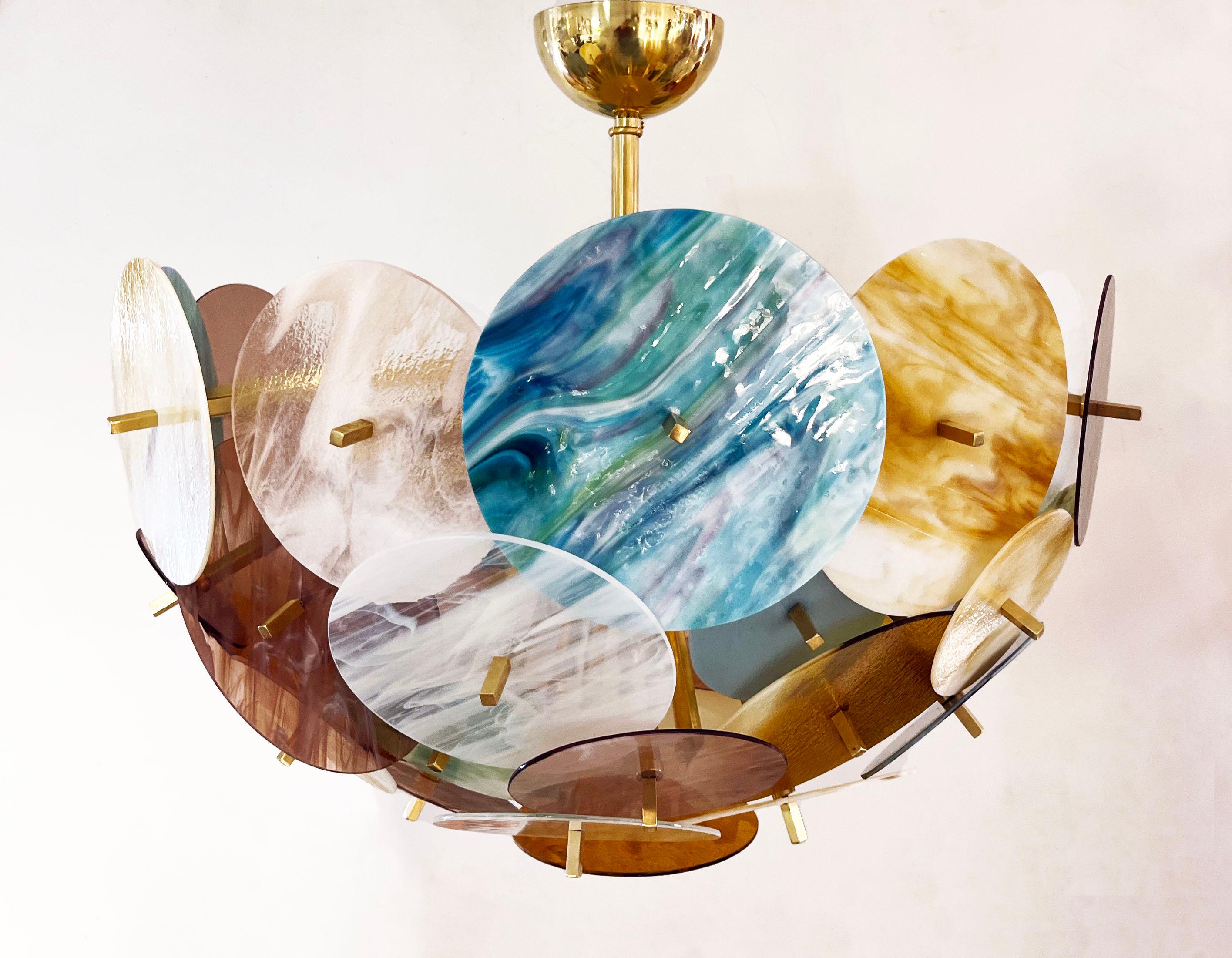 Italienischer Sputnik-Kronleuchter aus Muranoglas und Messing in Gelb, Weiß, Rosa und Aquablau mit Pastell im Angebot 12