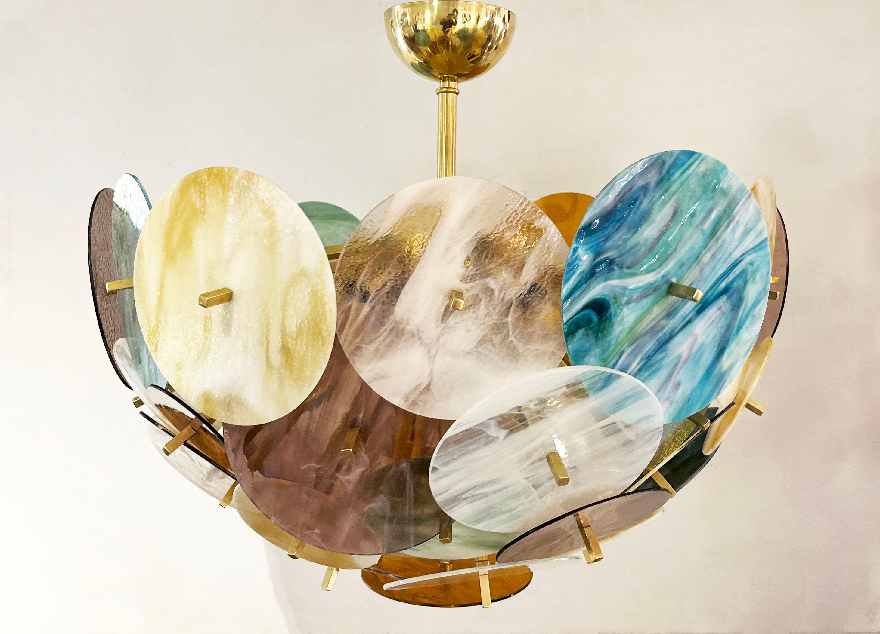 Italienischer Sputnik-Kronleuchter aus Muranoglas und Messing in Gelb, Weiß, Rosa und Aquablau mit Pastell im Angebot 13