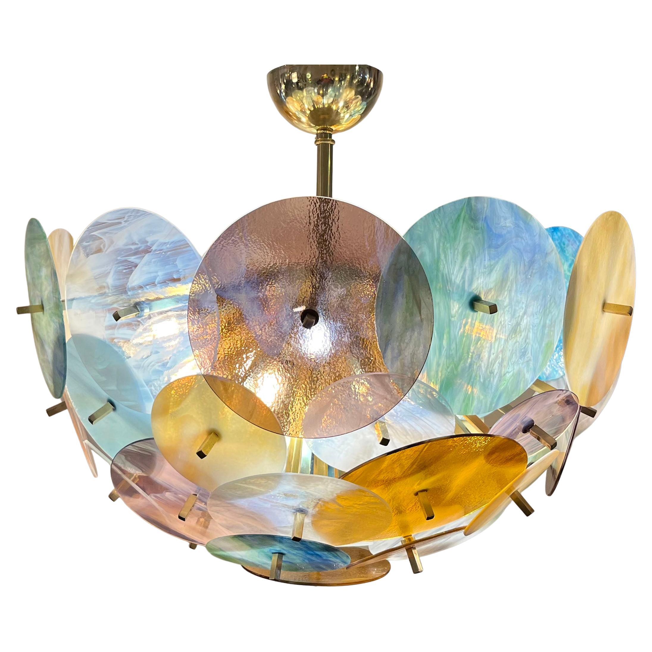 Italienischer Sputnik-Kronleuchter aus Muranoglas und Messing in Gelb, Weiß, Rosa und Aquablau mit Pastell