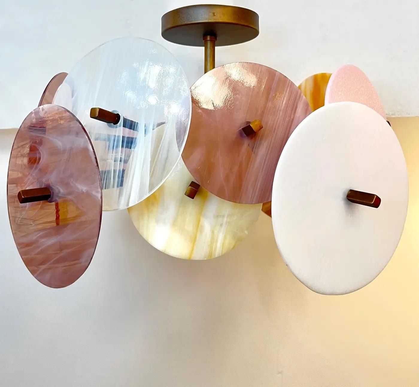 Italian Yellow White Pink Pastel Murano Glass Bronze Circular Sputnik Chandelier For Sale 3