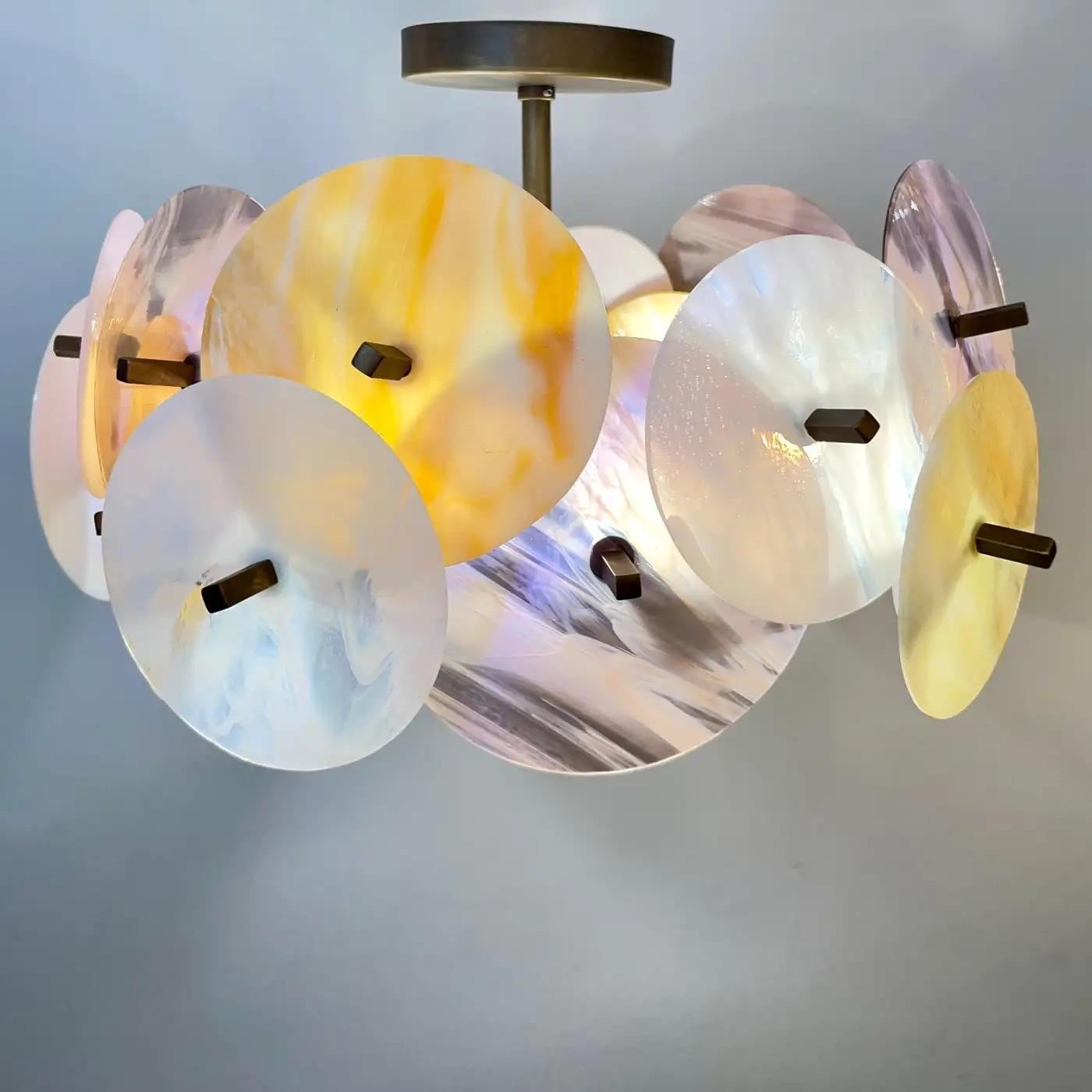 Italian Yellow White Pink Pastel Murano Glass Bronze Circular Sputnik Chandelier For Sale 4