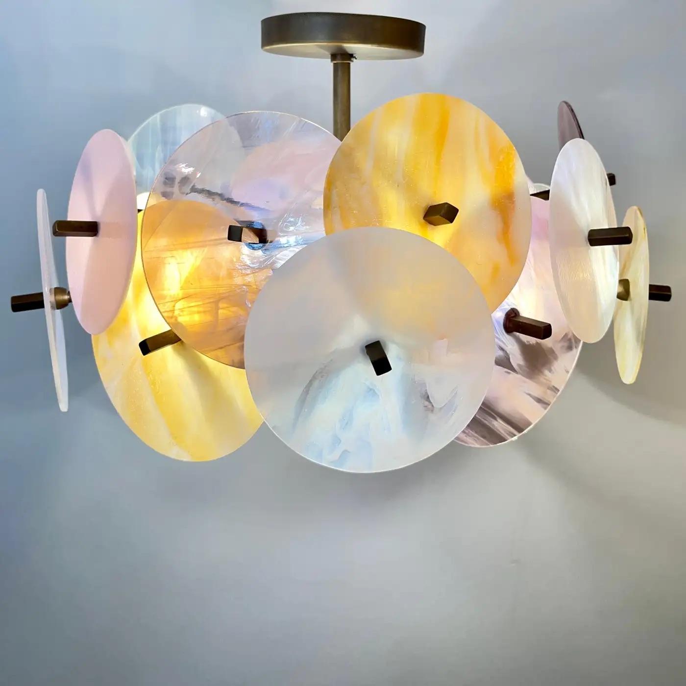 Italian Yellow White Pink Pastel Murano Glass Bronze Circular Sputnik Chandelier For Sale 5