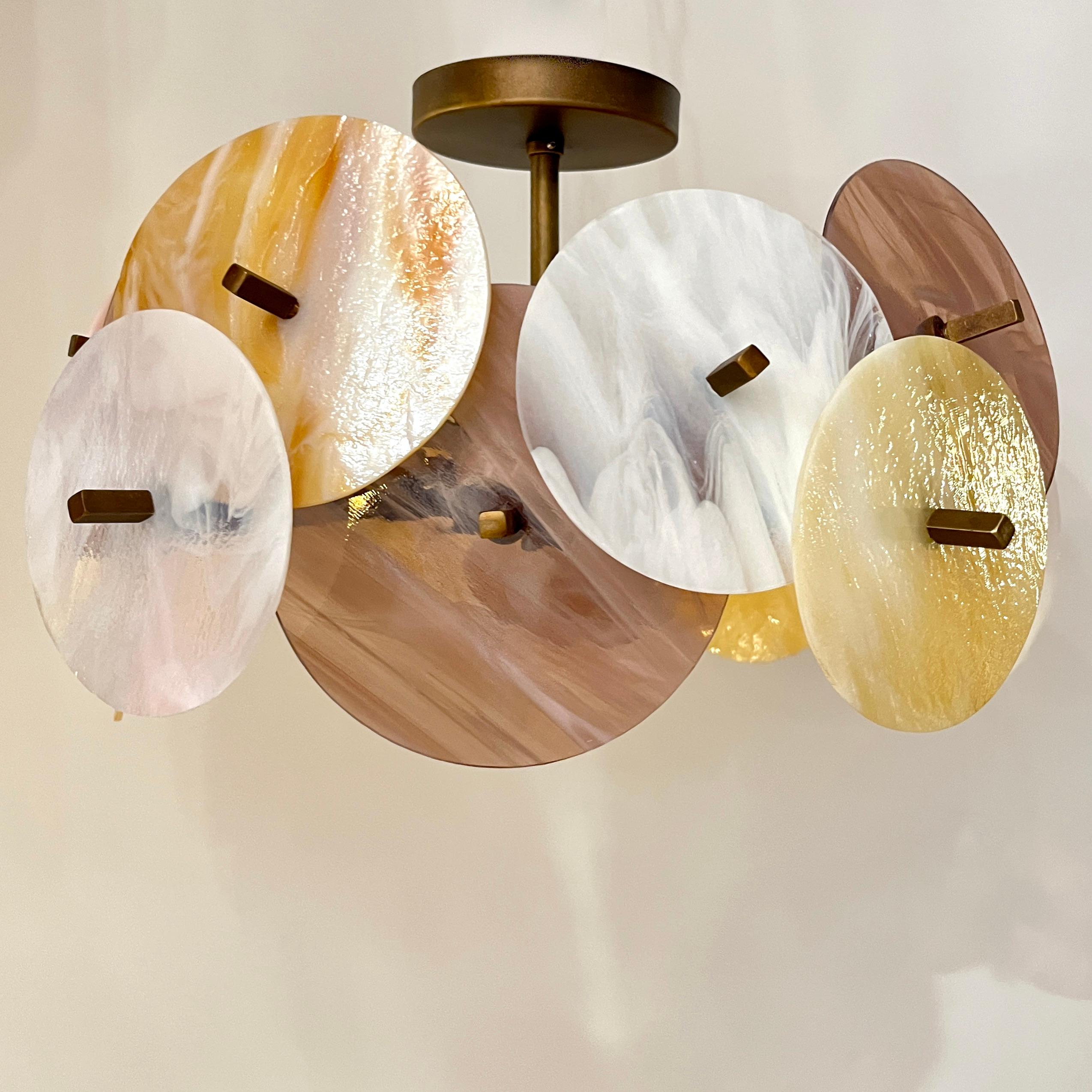 Italian Yellow White Pink Pastel Murano Glass Bronze Circular Sputnik Chandelier For Sale 6