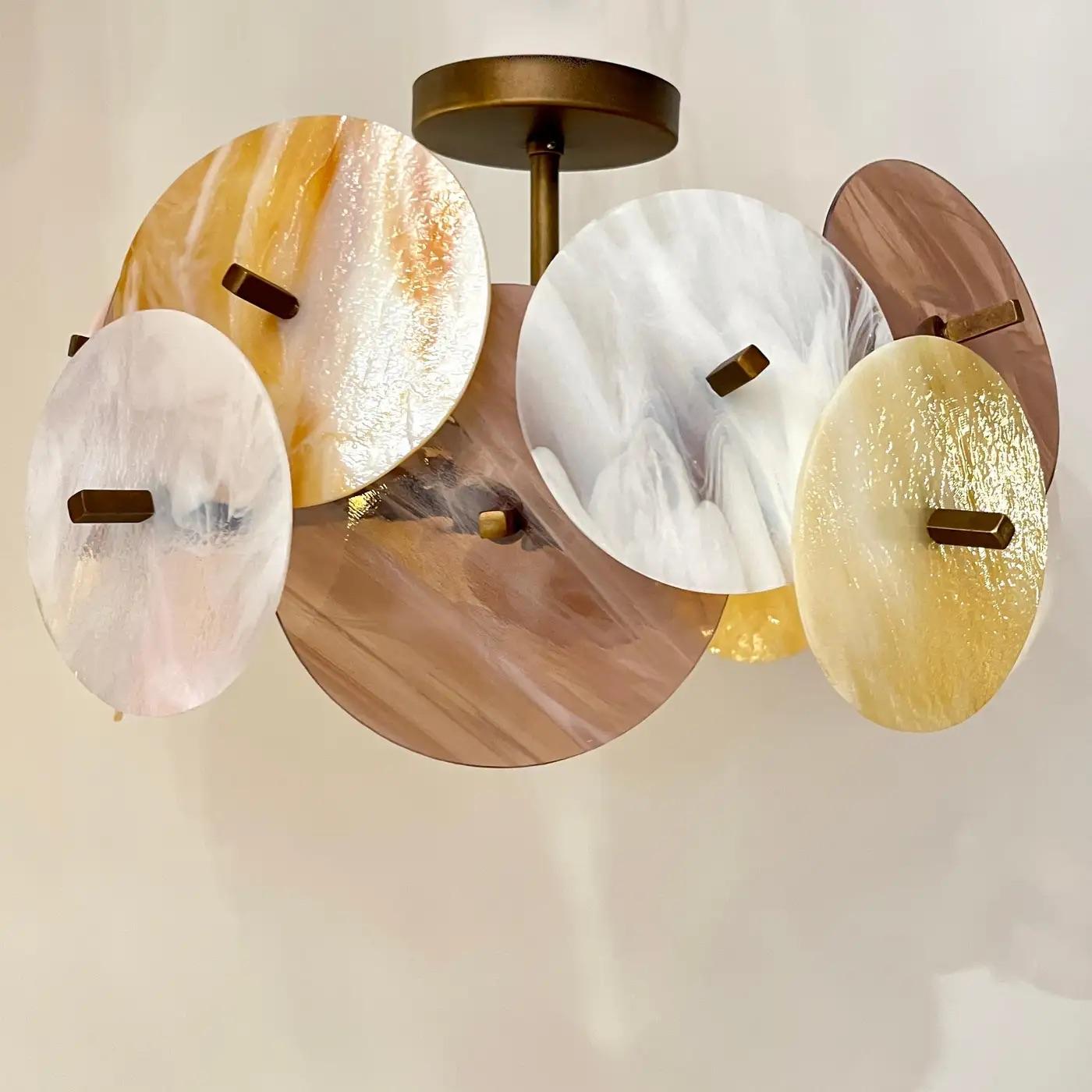 Italian Yellow White Pink Pastel Murano Glass Bronze Circular Sputnik Chandelier For Sale 6