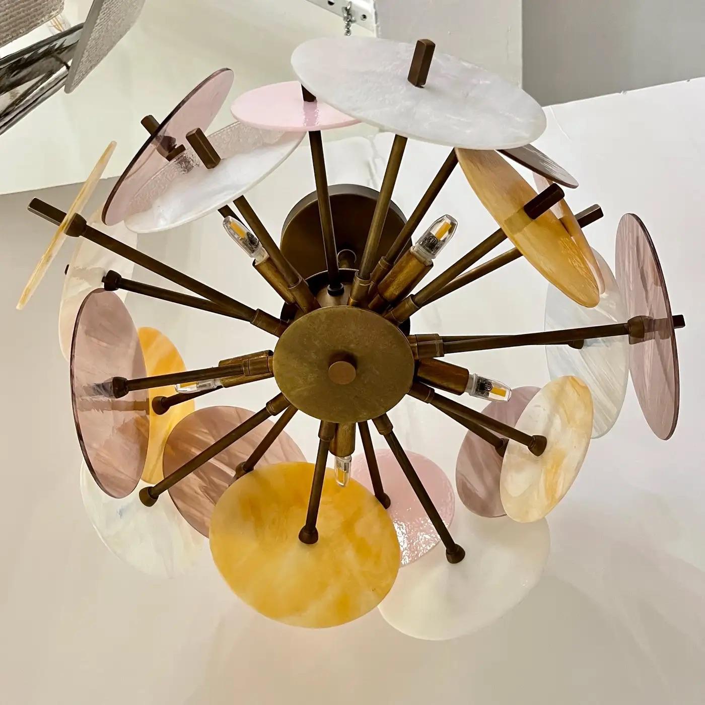 Italian Yellow White Pink Pastel Murano Glass Bronze Circular Sputnik Chandelier For Sale 7