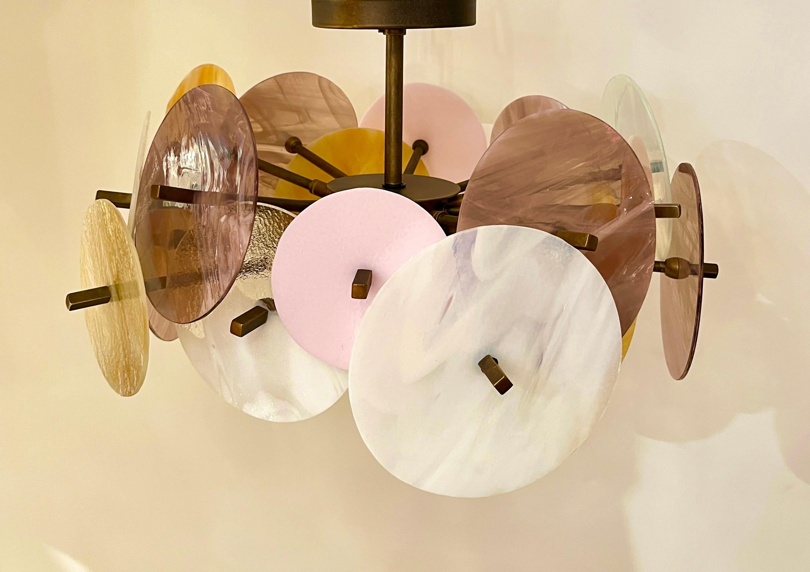 Italian Yellow White Pink Pastel Murano Glass Bronze Circular Sputnik Chandelier For Sale 8