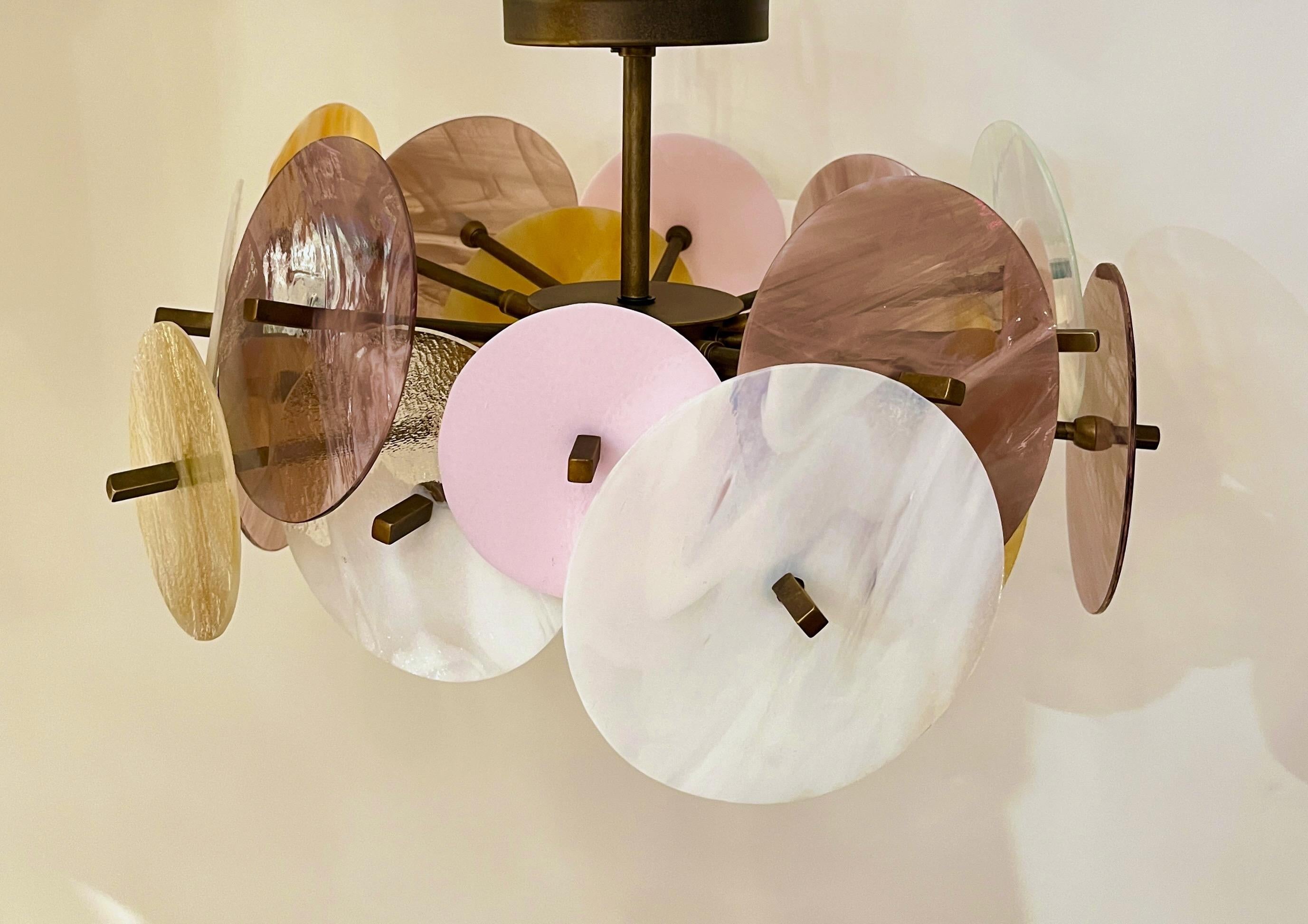 Italian Yellow White Pink Pastel Murano Glass Bronze Circular Sputnik Chandelier For Sale 8