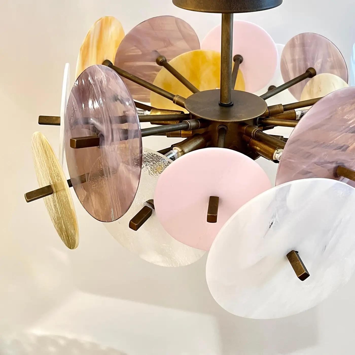 Organic Modern Italian Yellow White Pink Pastel Murano Glass Bronze Circular Sputnik Chandelier For Sale