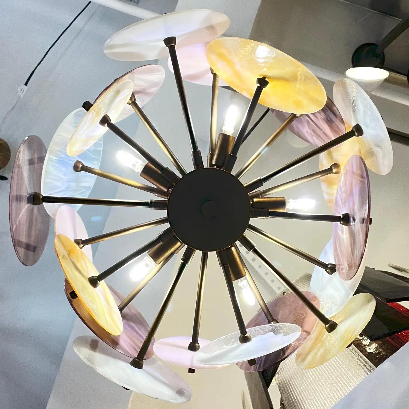 Hand-Crafted Italian Yellow White Pink Pastel Murano Glass Bronze Circular Sputnik Chandelier For Sale