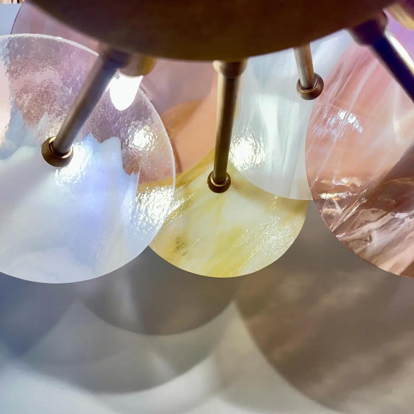 Italian Yellow White Pink Pastel Murano Glass Bronze Circular Sputnik Chandelier In New Condition For Sale In New York, NY