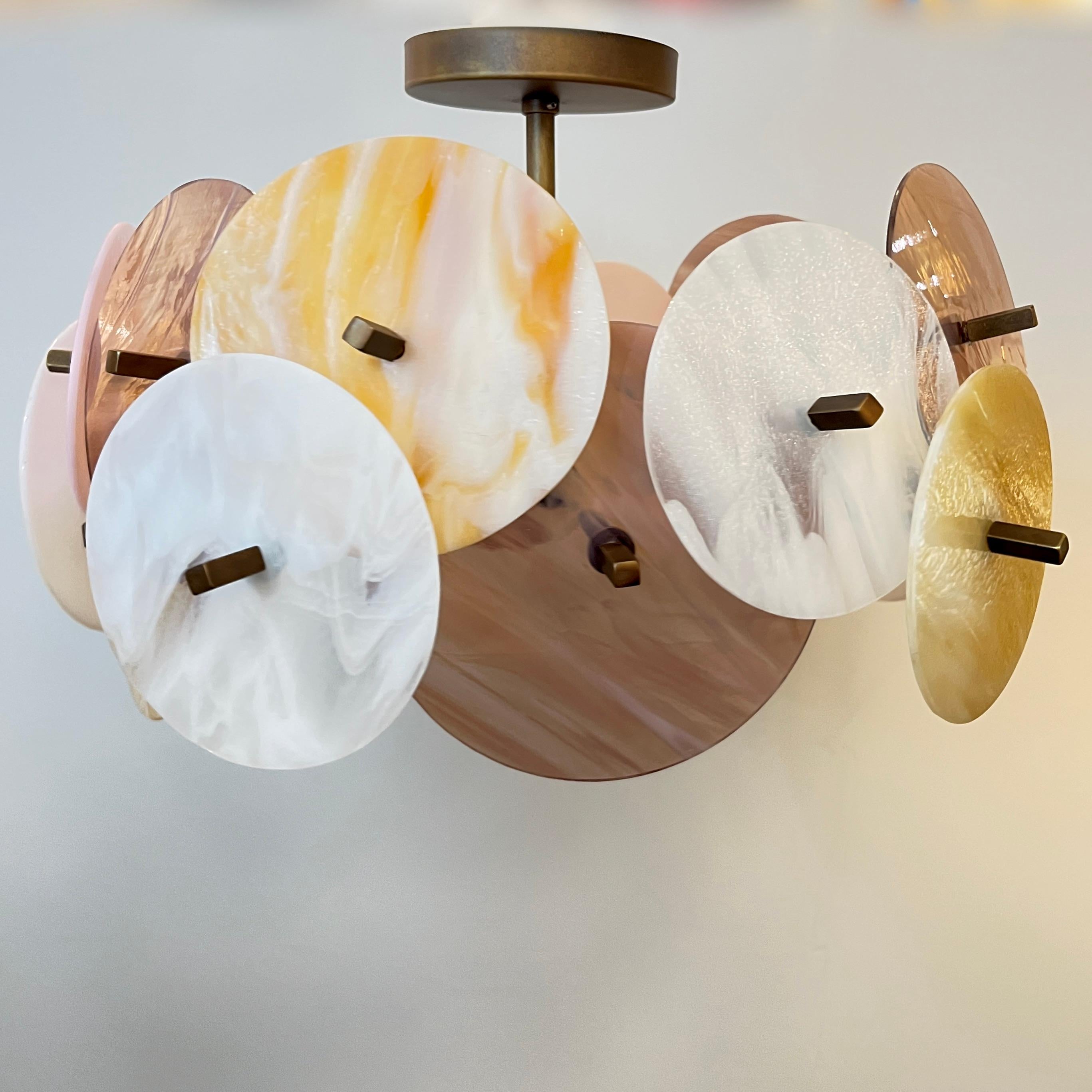 Contemporary Italian Yellow White Pink Pastel Murano Glass Bronze Circular Sputnik Chandelier For Sale