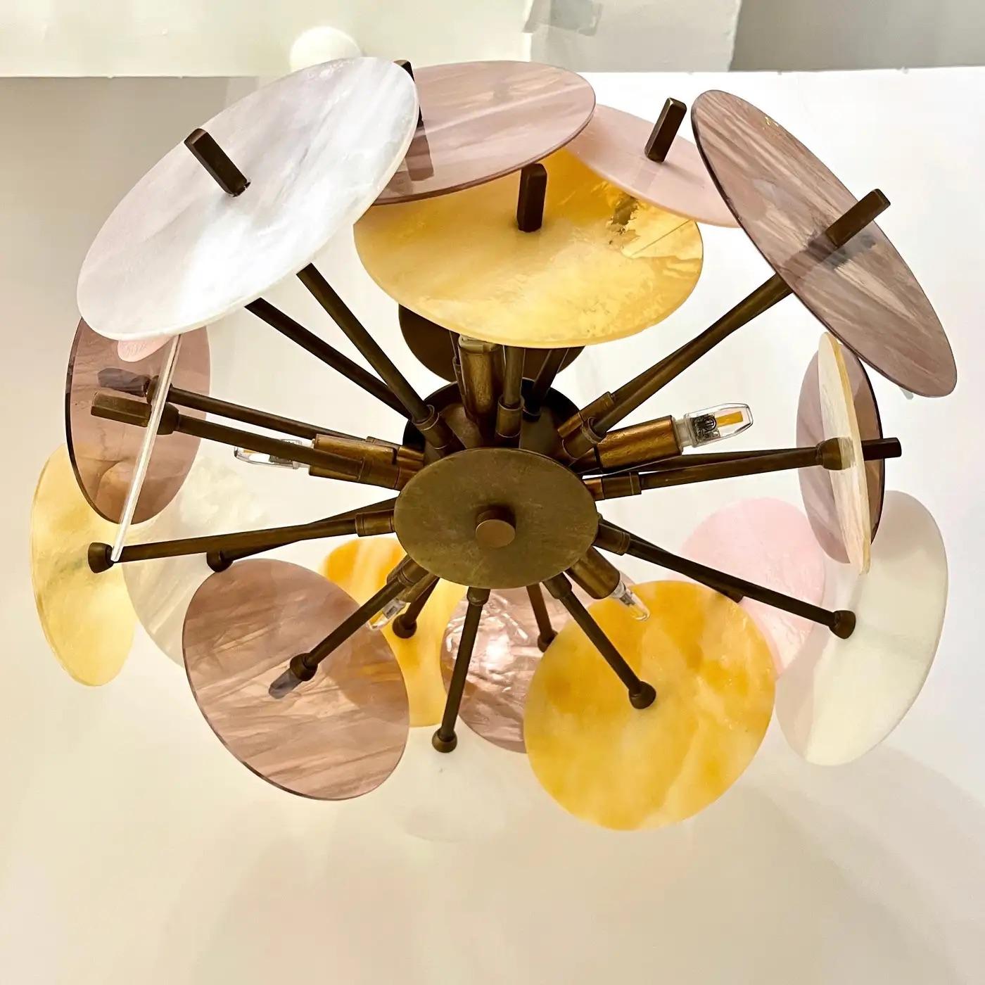 Art Glass Italian Yellow White Pink Pastel Murano Glass Bronze Circular Sputnik Chandelier For Sale