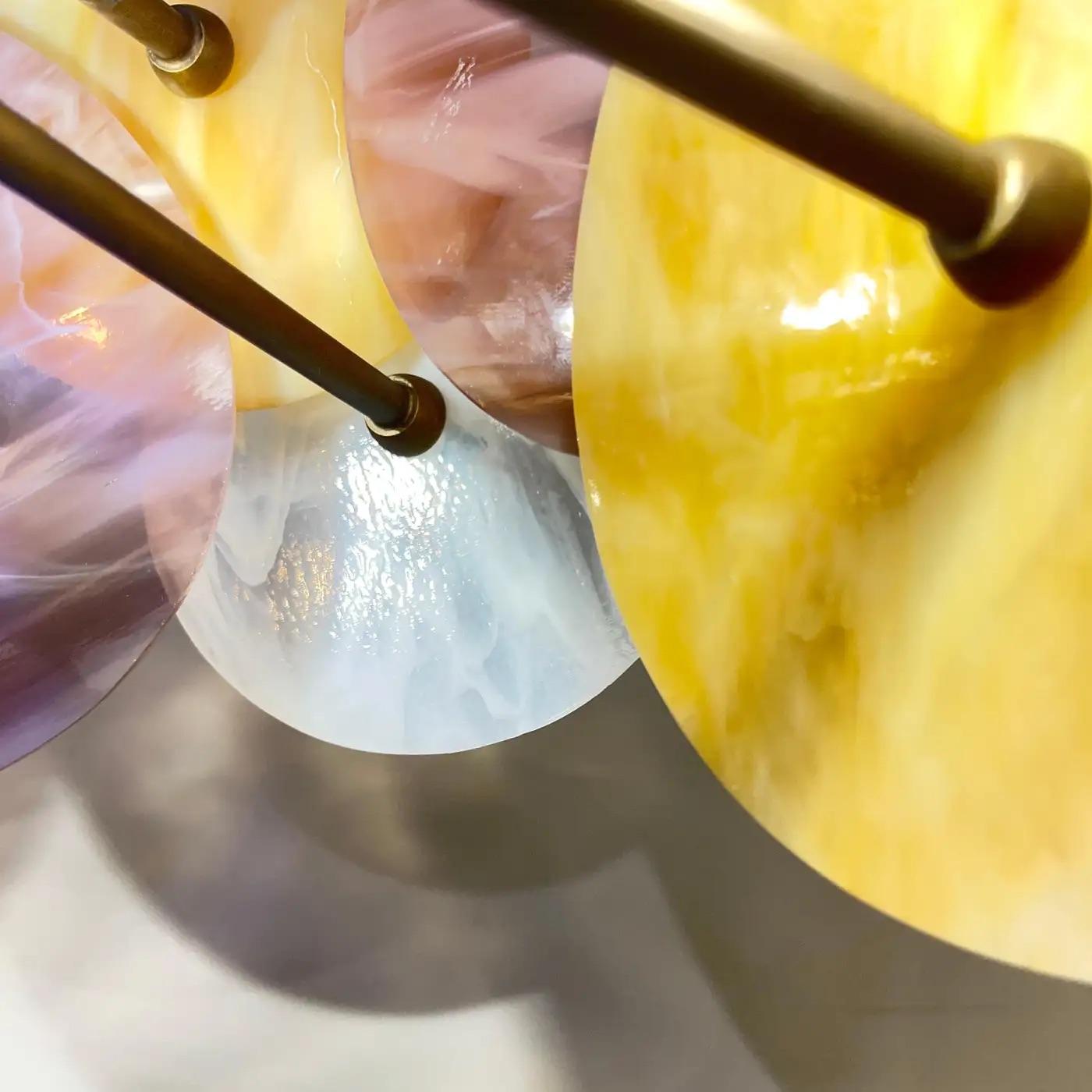 Italian Yellow White Pink Pastel Murano Glass Bronze Circular Sputnik Chandelier For Sale 1