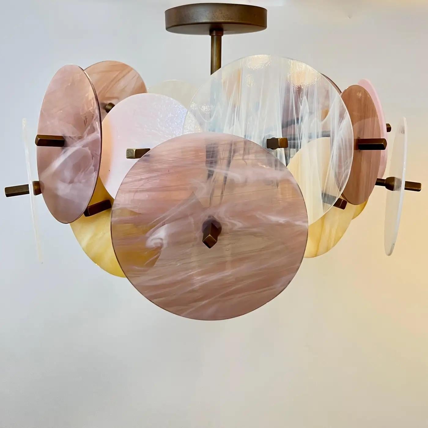Italian Yellow White Pink Pastel Murano Glass Bronze Circular Sputnik Chandelier For Sale 2