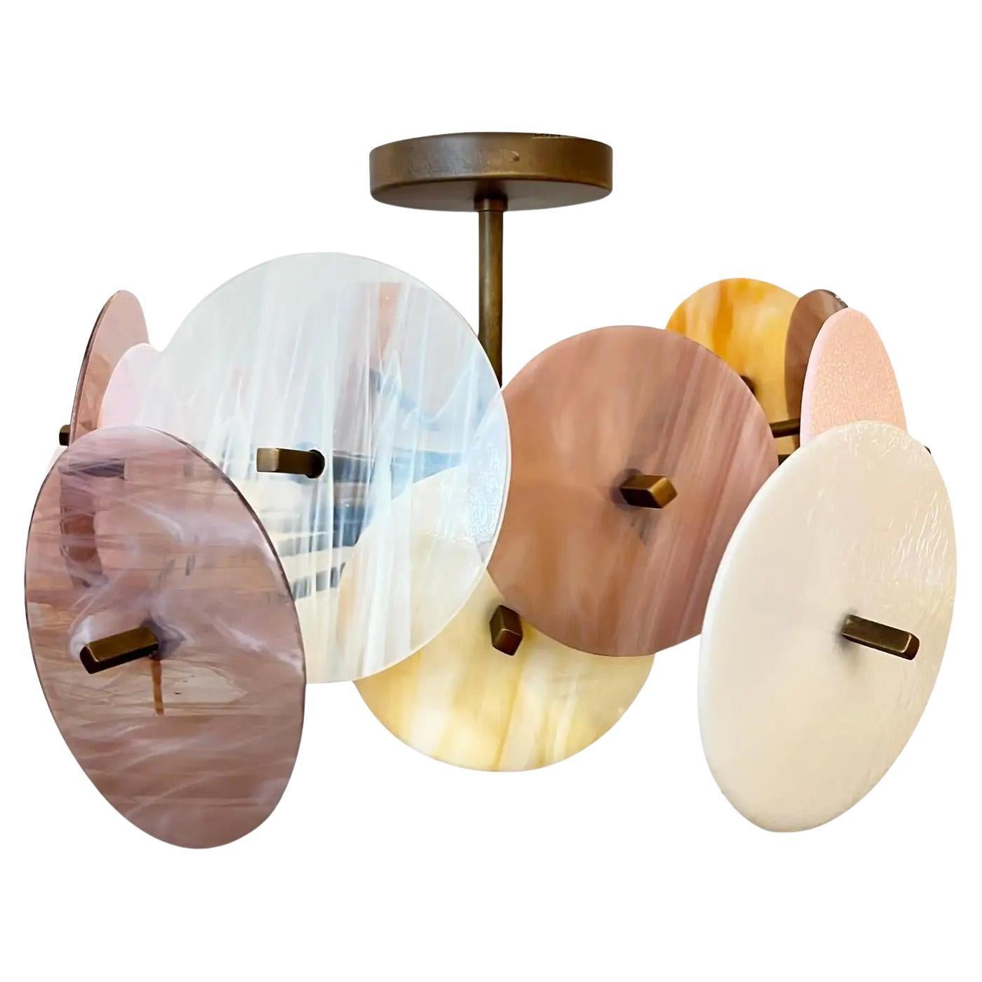 Lustre circulaire Spoutnik italien en verre de Murano jaune, blanc, rose pastel et bronze