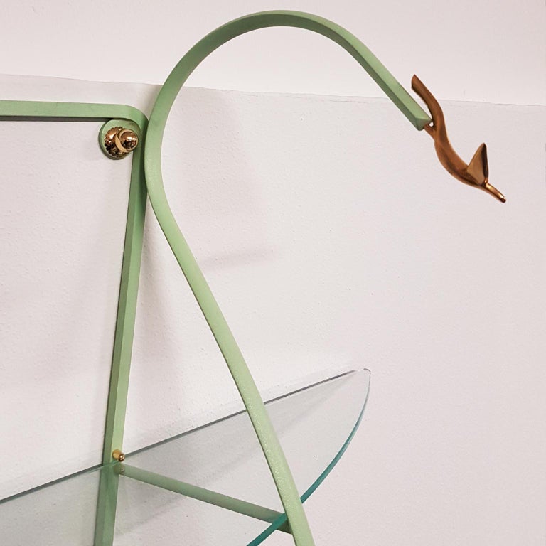 Painted Italian Zanotta Green Steel Wall Decoration with Glass Shelves, Limited Edition For Sale