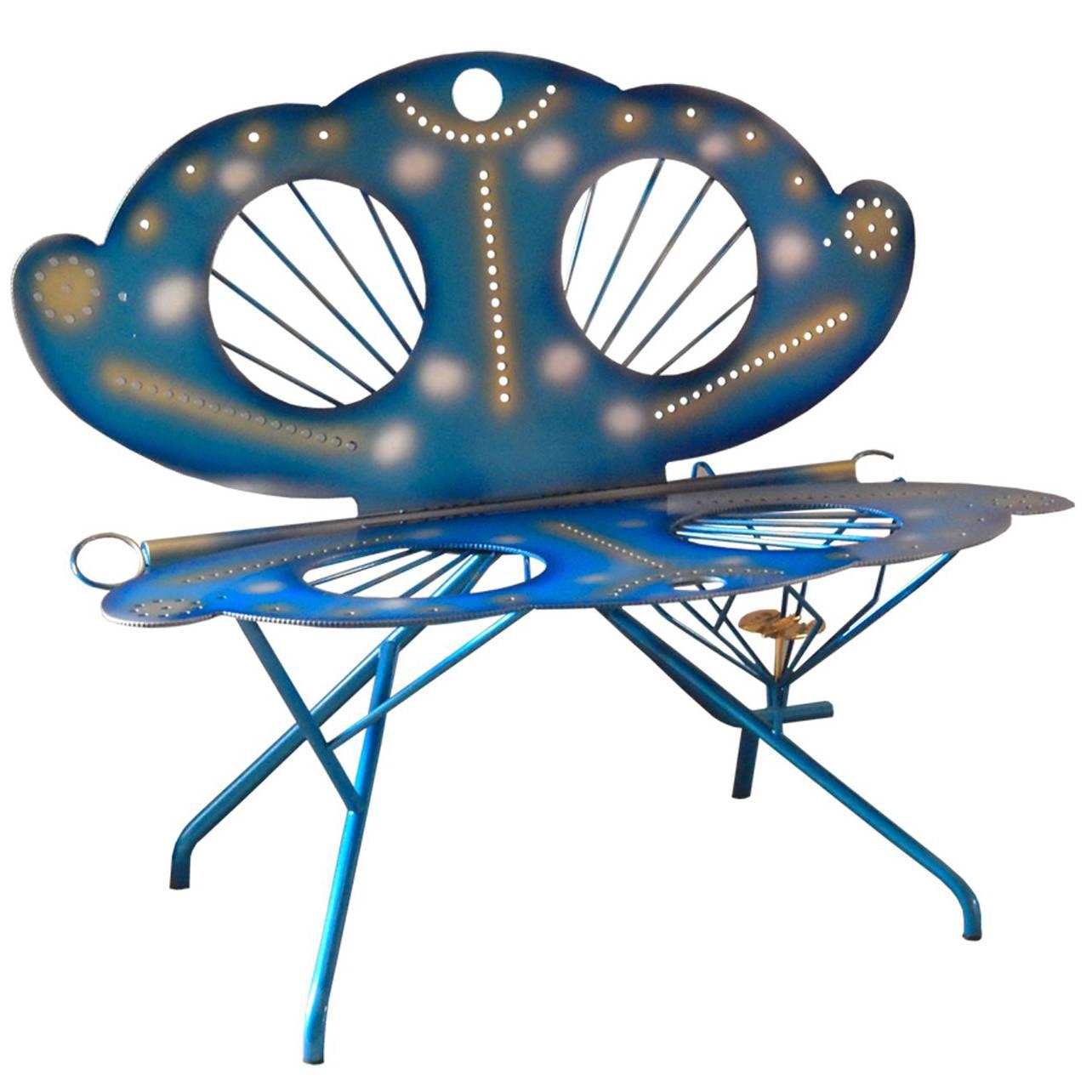 Post-Modern Italian Zanotta R. Dalisi Blue Painted Steel Bench, Limited Edition For Sale