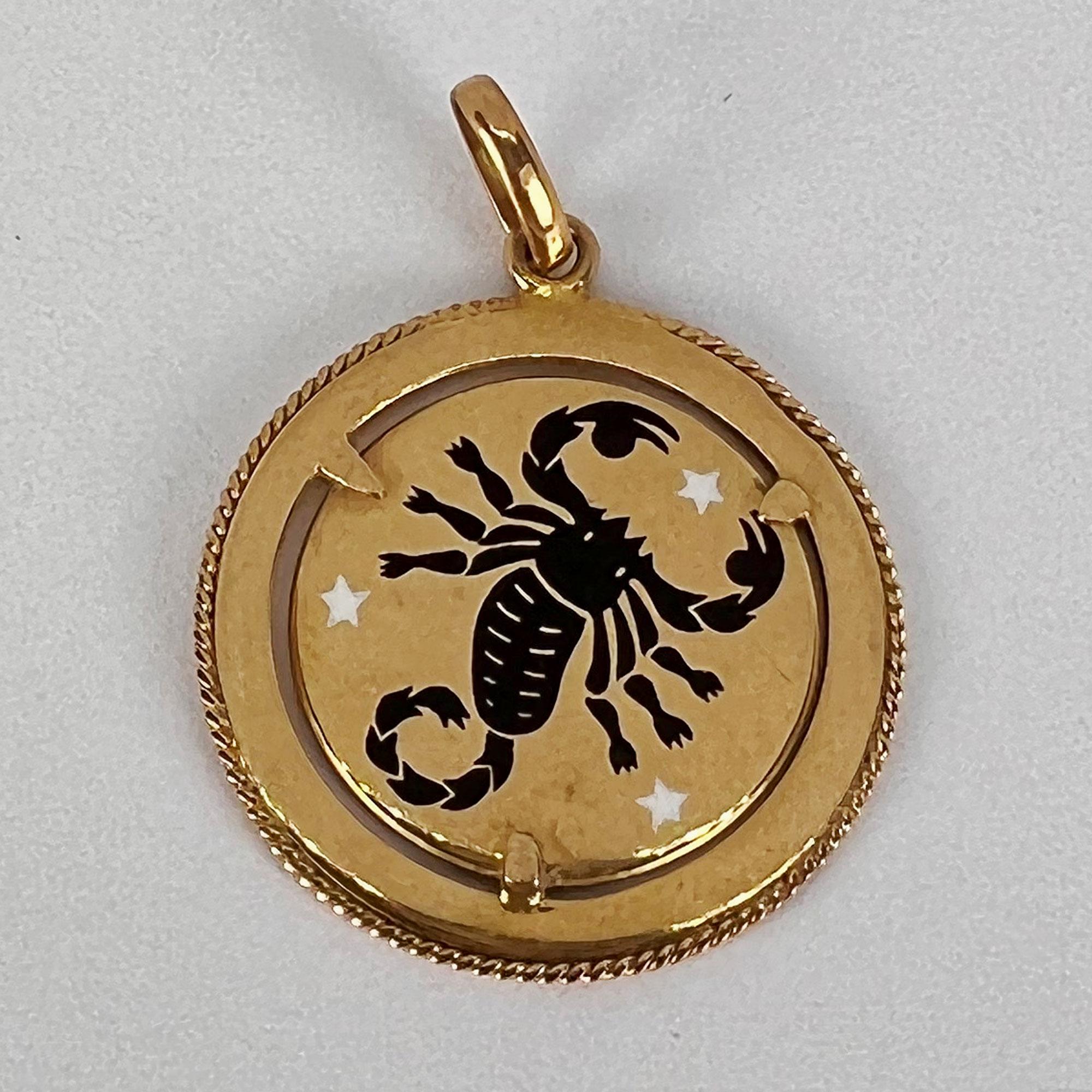 Italian Zodiac Scorpio Starsign 18K Yellow Gold Enamel Charm Pendant For Sale 2