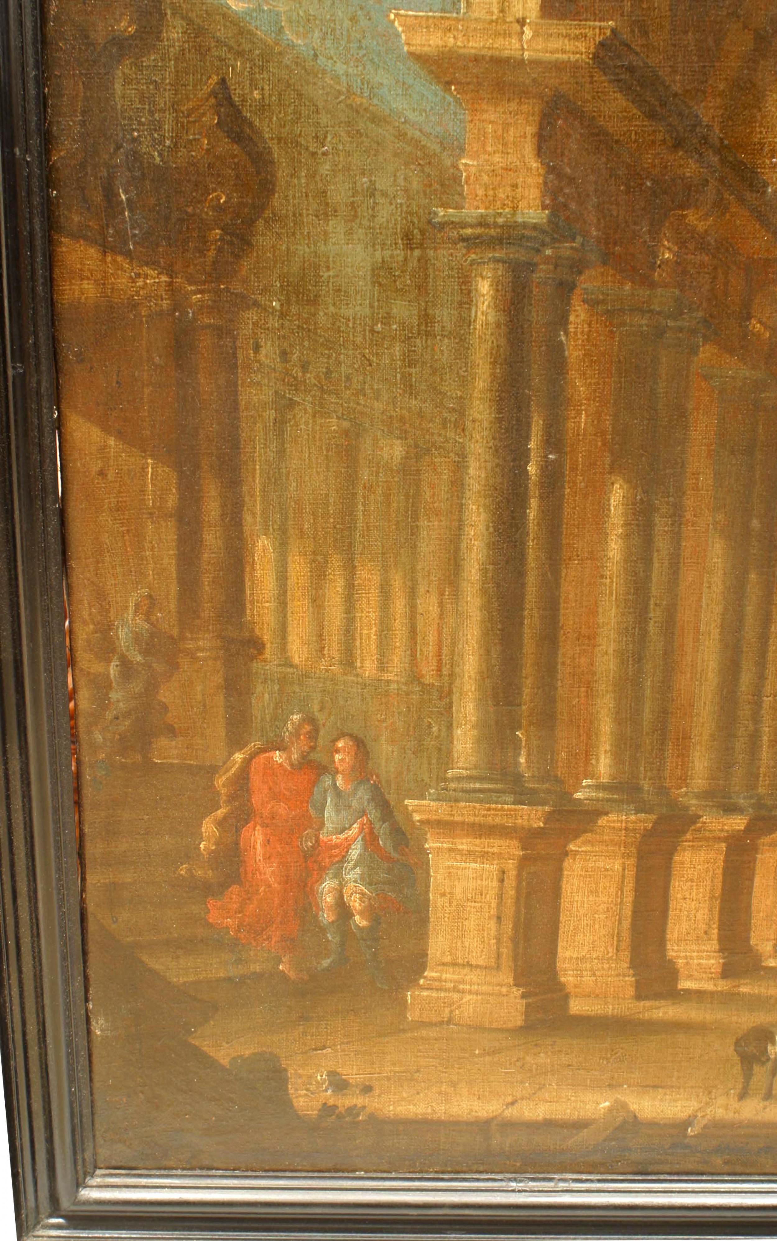 Renaissance Italianate Capriccio Oil of Figures in Classical Ruins For Sale