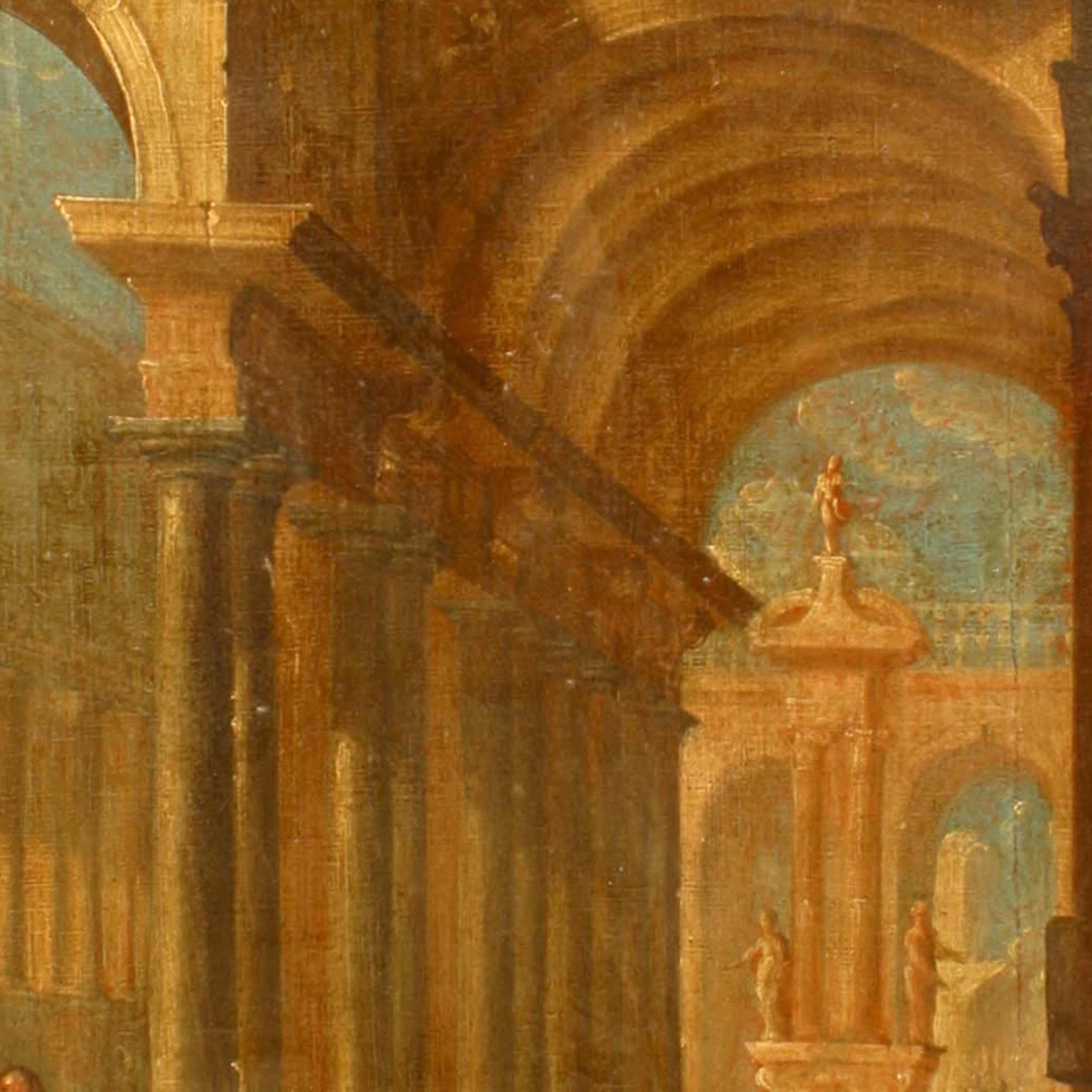 Ebonized Italianate Capriccio Oil of Figures in Classical Ruins For Sale