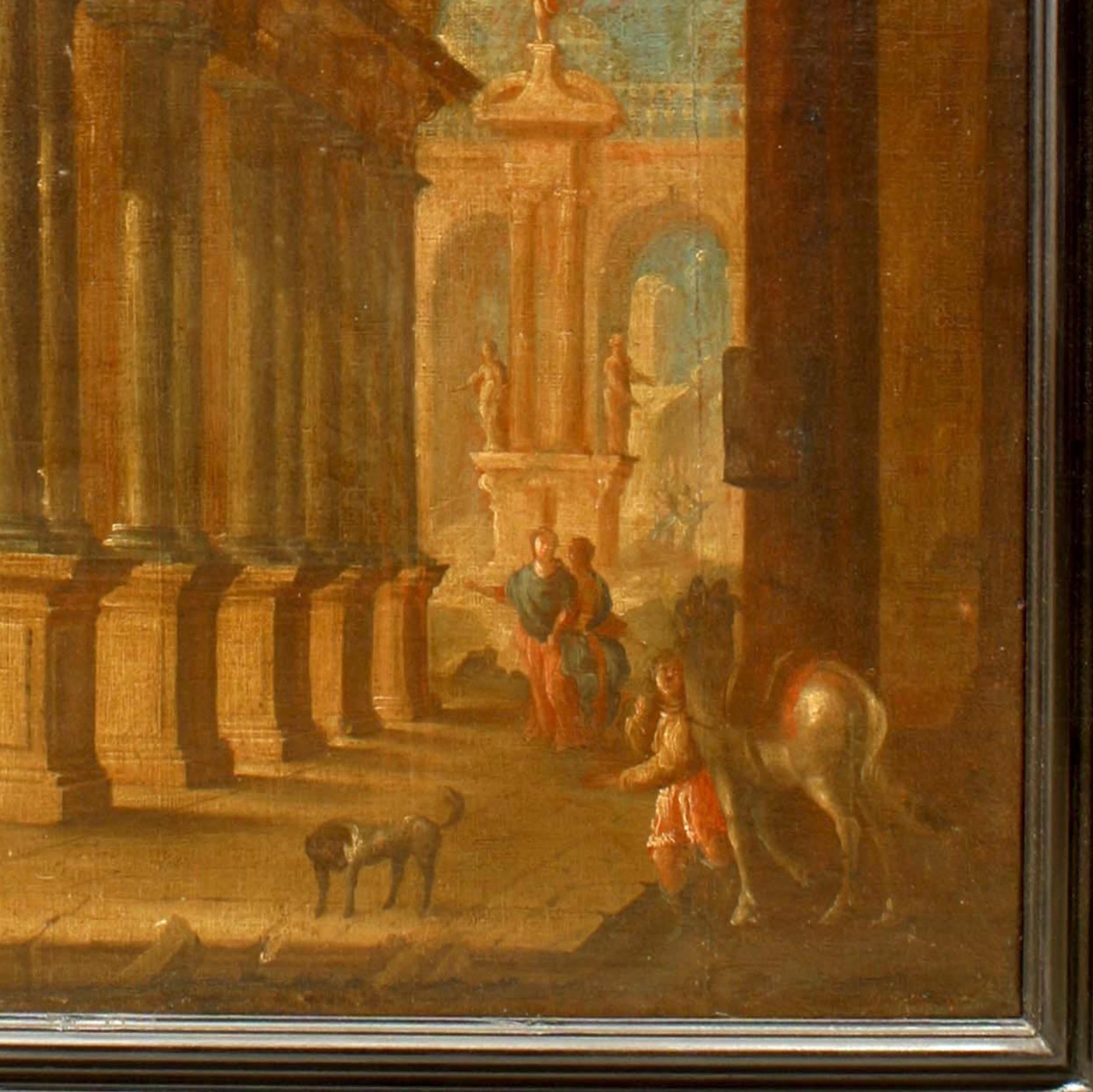 Italianate Capriccio Oil of Figures in Classical Ruins In Good Condition For Sale In Queens, NY