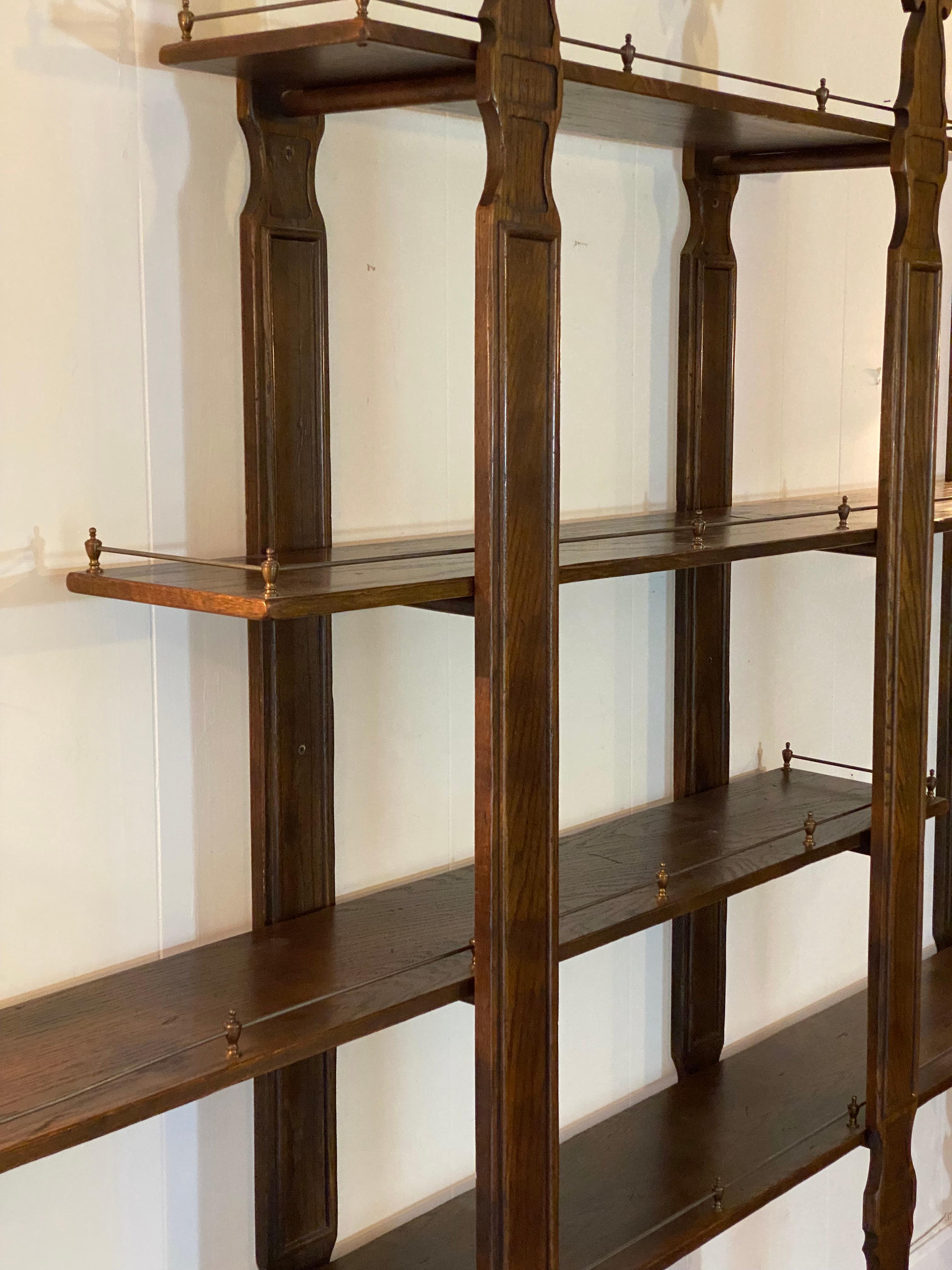 Italianate Solid Oak with Brass Gallery Wall Mounted Shelving In Good Condition In Garnerville, NY