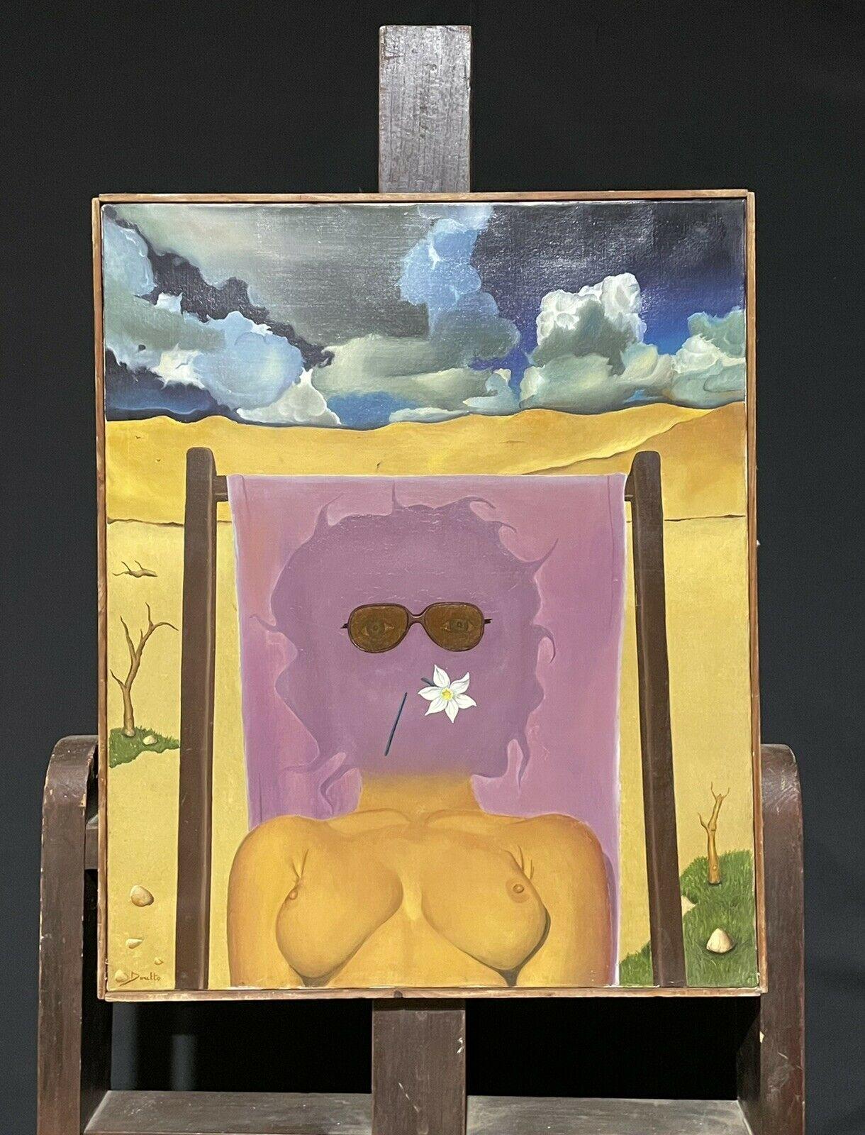 1960's SURREALIST SIGNED OIL PAINTING - NUDE SUNBATHER ON THE BEACH - ITALIAN? - Painting by Unknown