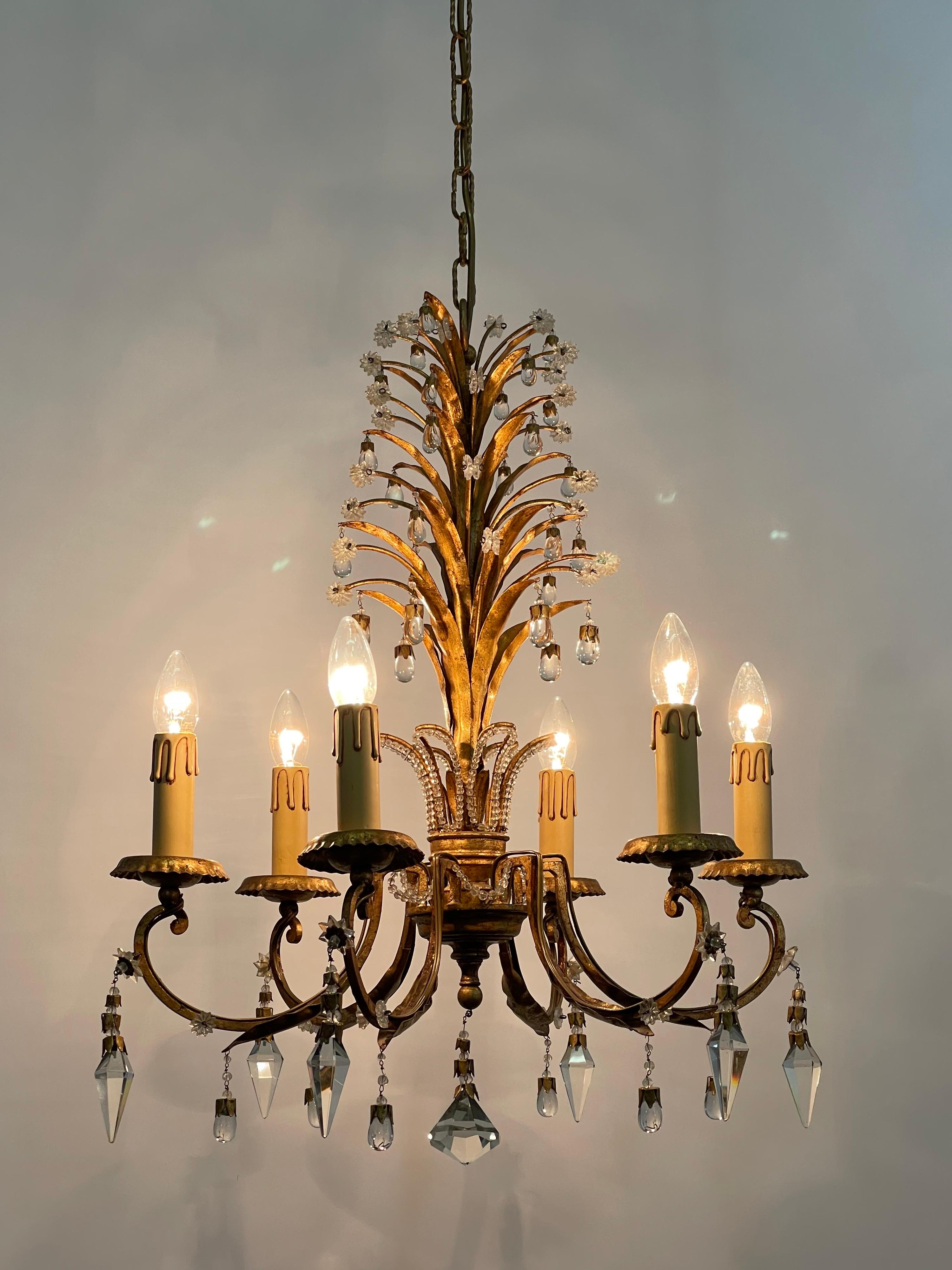 Metal Italian Gilt Iron and Lead Crystal Chandelier by G.Banci,  circa 1970s For Sale