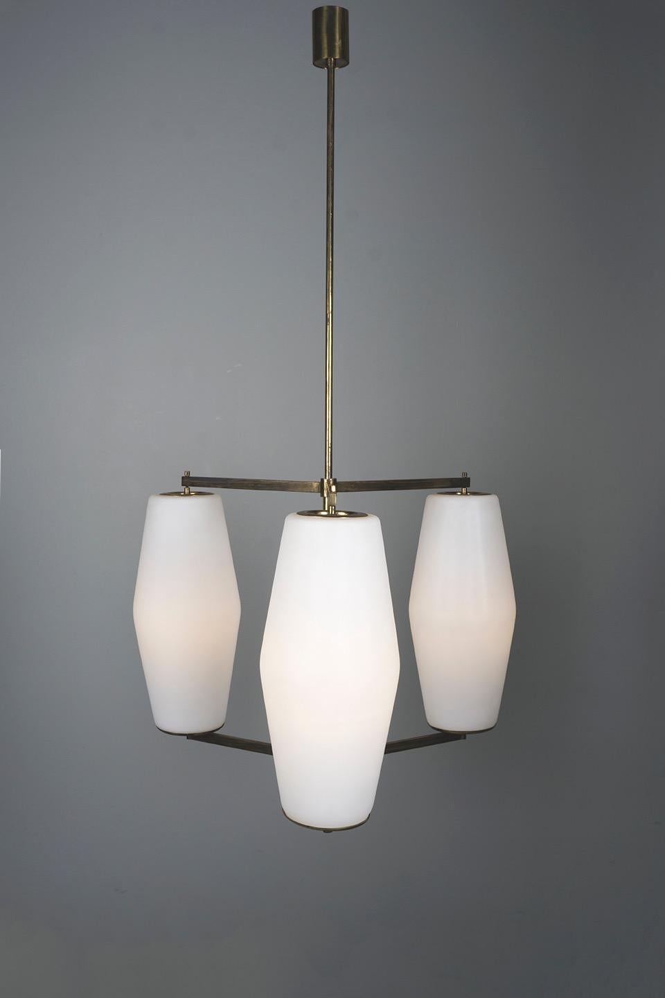 20th Century Italian Midcentury Three Shade Brass Chandelier with Opaline Glass by Stilnovo