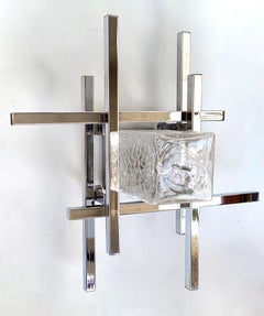 Araña de techo modernista Italien Vintage de cromo y cristal, años 70