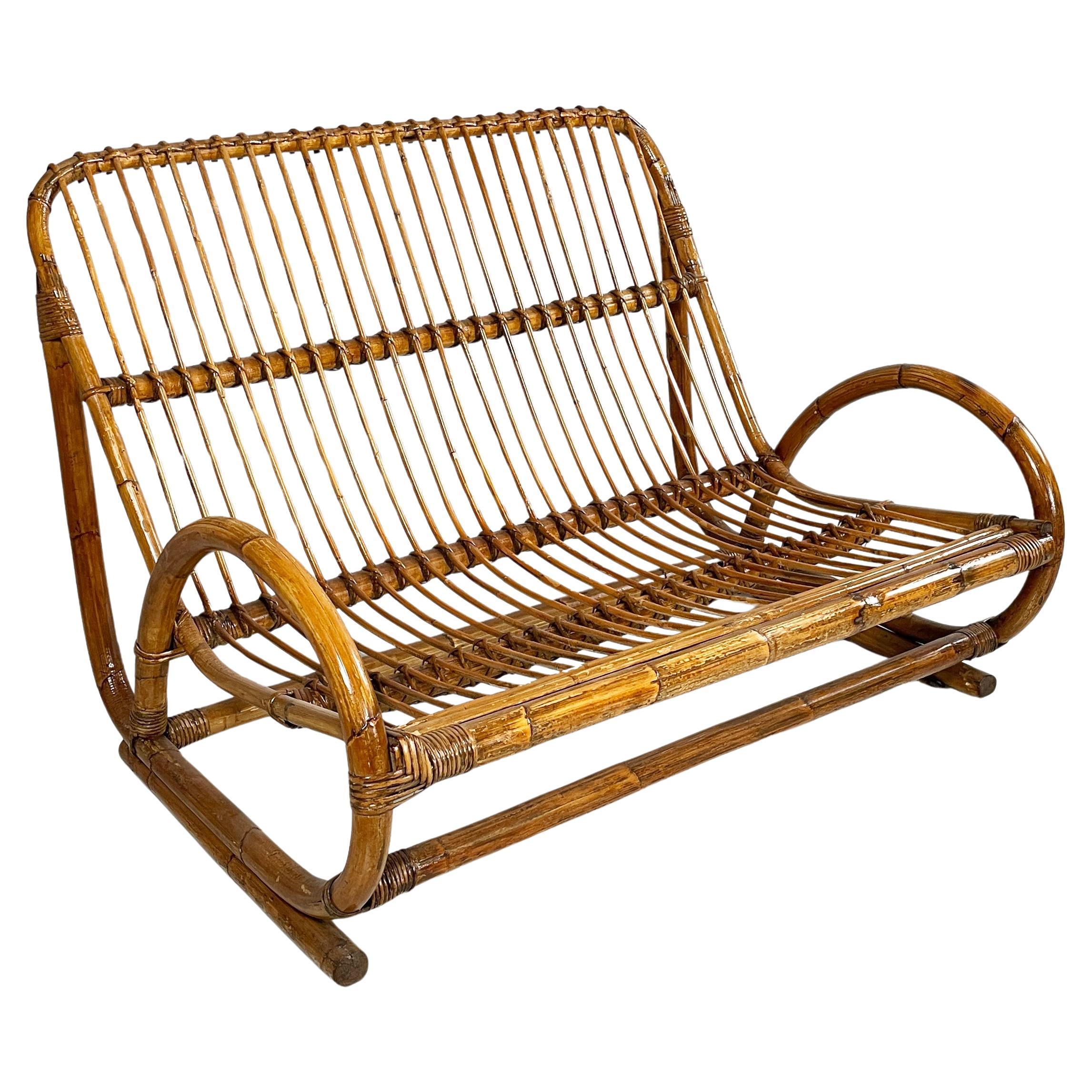 Italin mid-century modern garden bench in rattan, 1960s