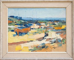 "Seascape" Mid Century Modern Impasto Painting of Boats, Beach, Ocean, Sky, Sand