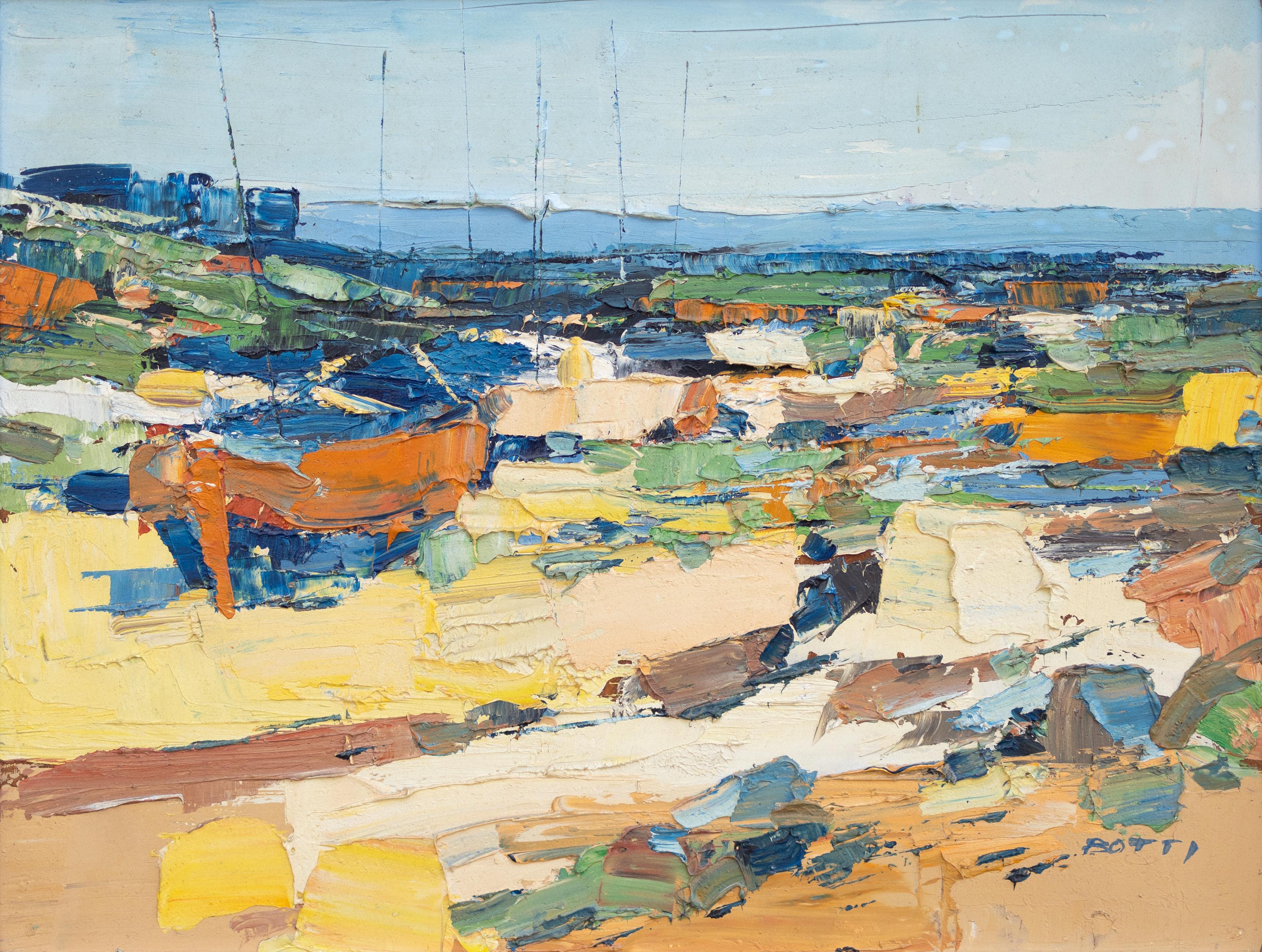 Italo Botti Landscape Painting - "Seascape" Mid Century Modern Impasto Paining of Boats Beach and Ocean