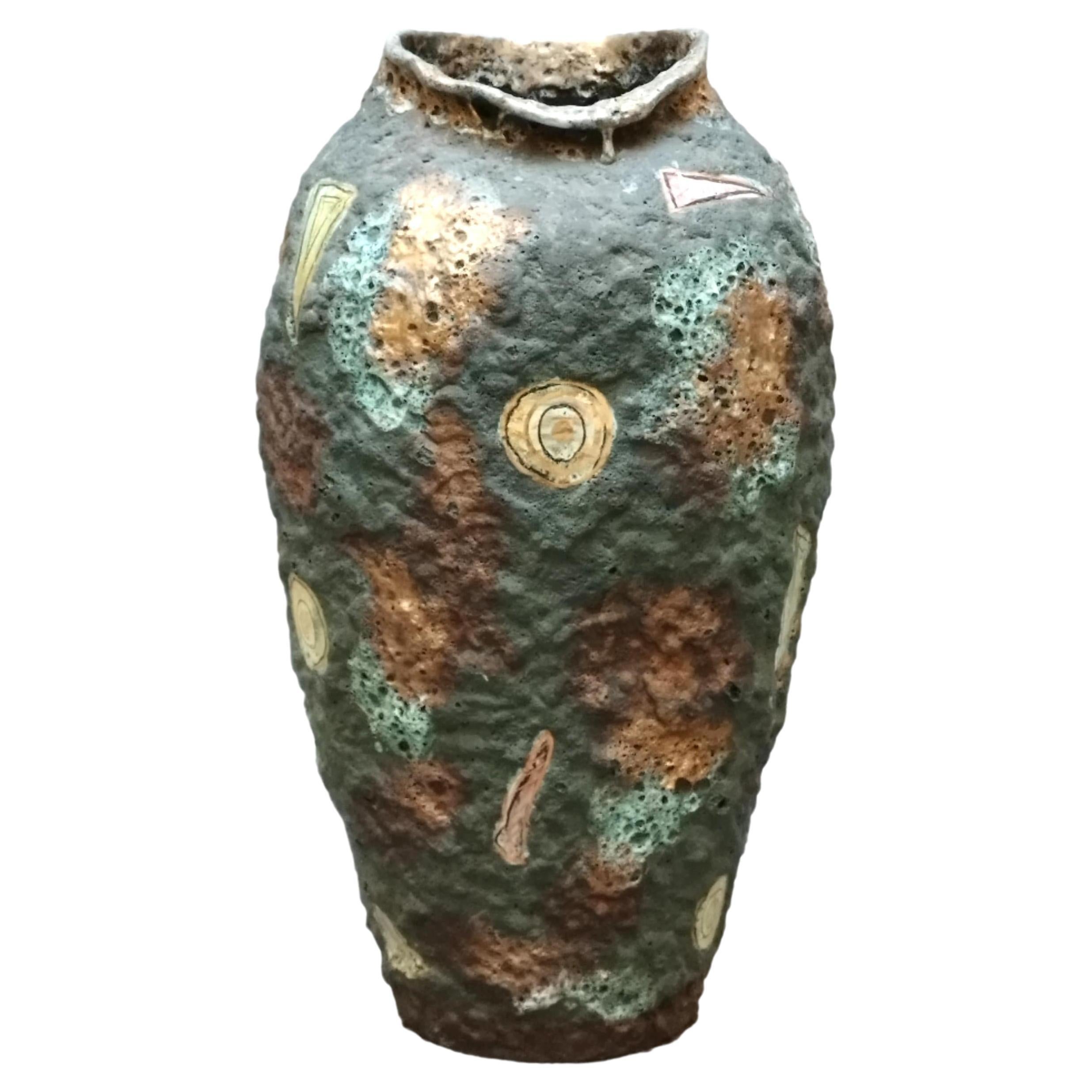 Italo Casini Large Volcanic Lava Glaze Vase with Colourful, Italy, 1960s