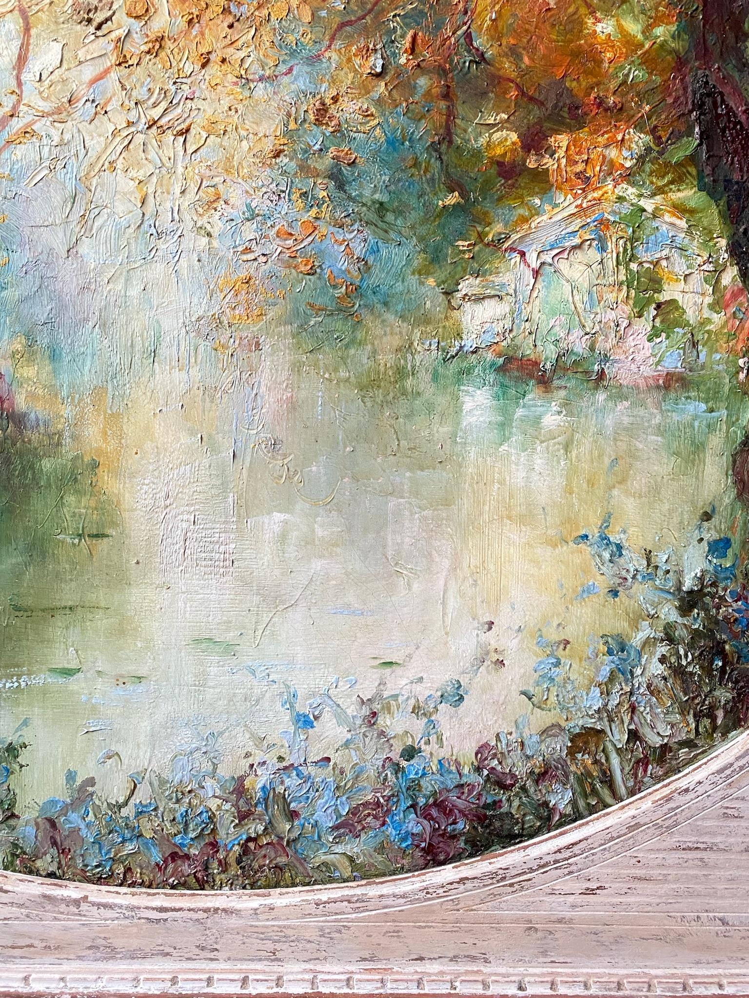 Light on the water large colorful Impressionist landscape with Monet-like irises - Post-Impressionist Painting by Italo Giordani