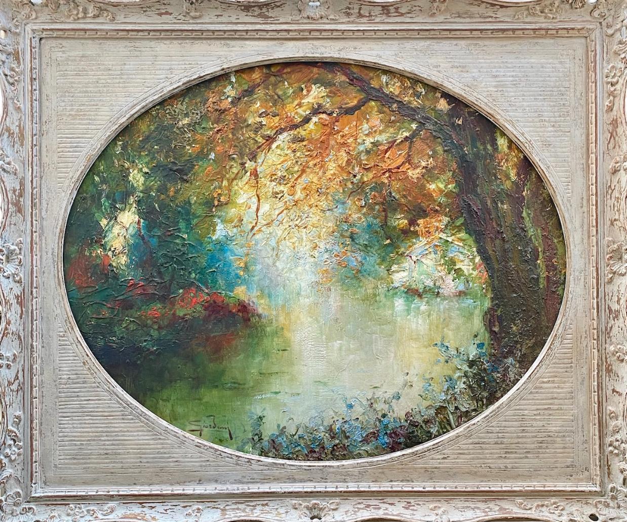 Italo Giordani Landscape Painting - Light on the water large colorful Impressionist landscape with Monet-like irises