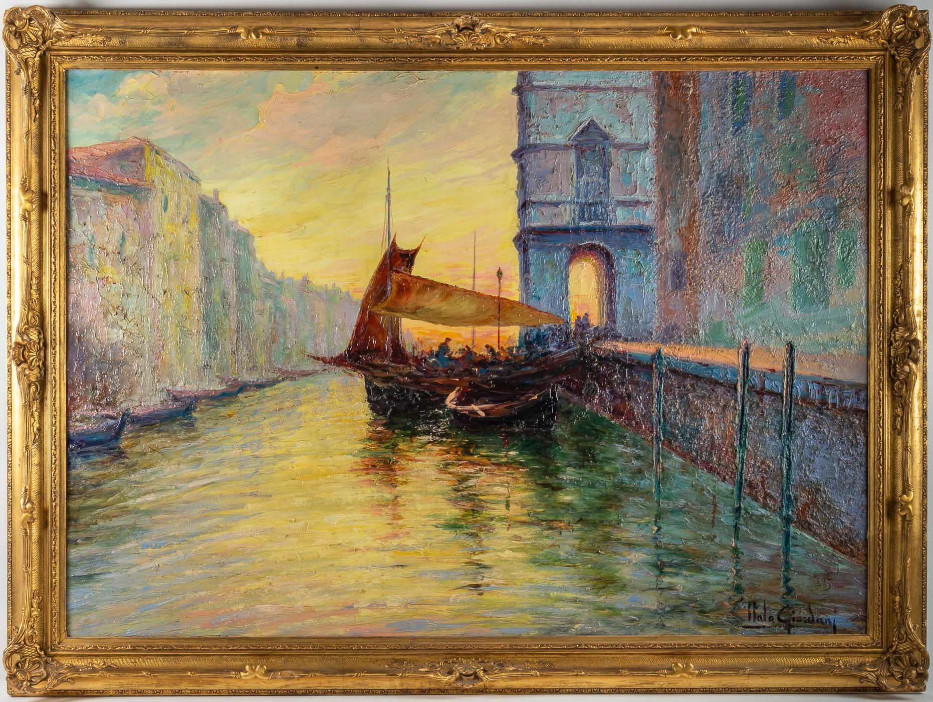Italo Giordani huile sur panneau Crépuscule vue de Venise, vers 1900.

Une peinture fascinante, représentant une vue de Venise au crépuscule, signée en bas à droite par Italo Giordani en 1900.
Cadre original. Notre tableau est en excellent état