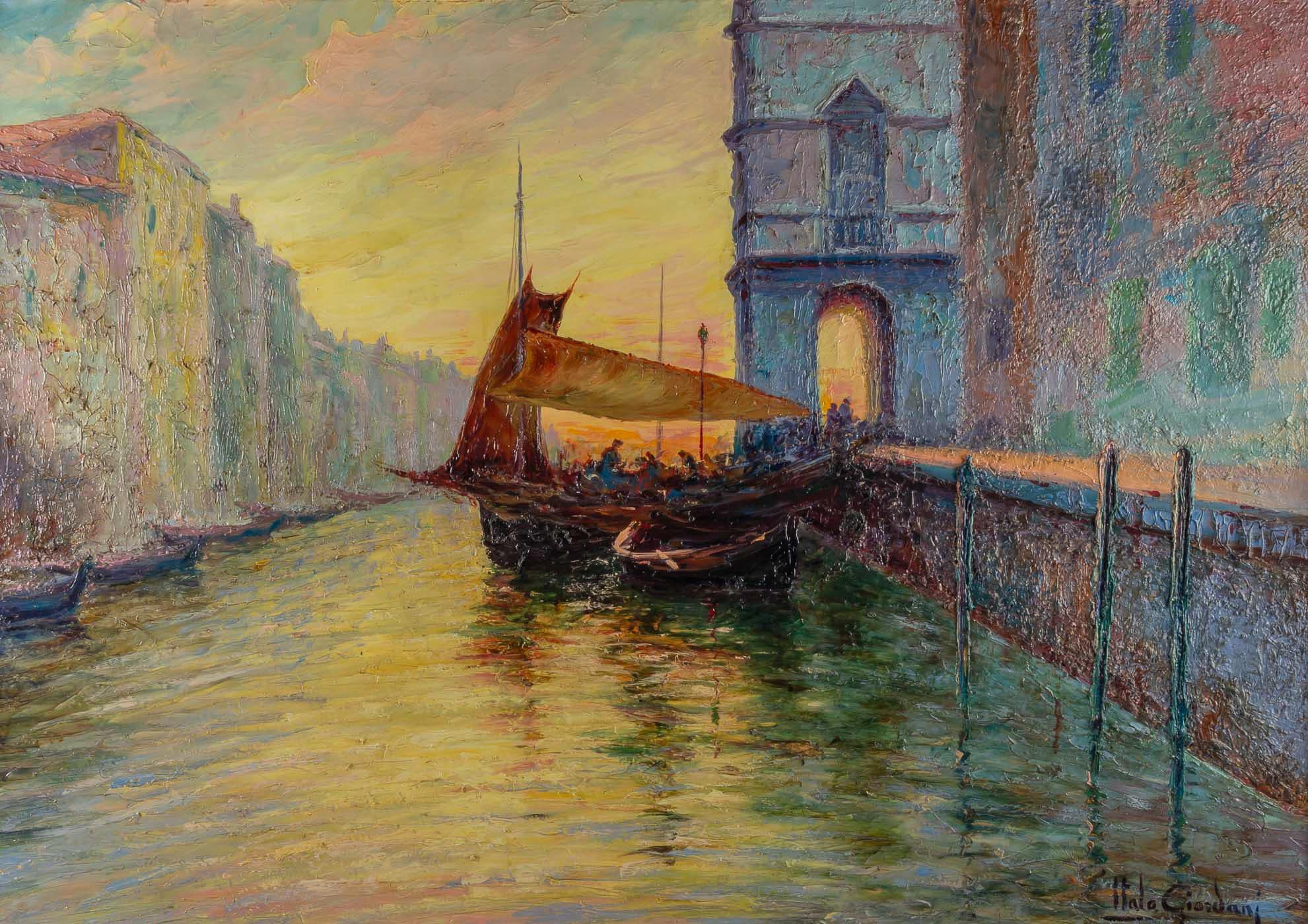 italien Huile sur panneau d'une vue de bureau à Venise par Italo Giordani, vers 1900 en vente