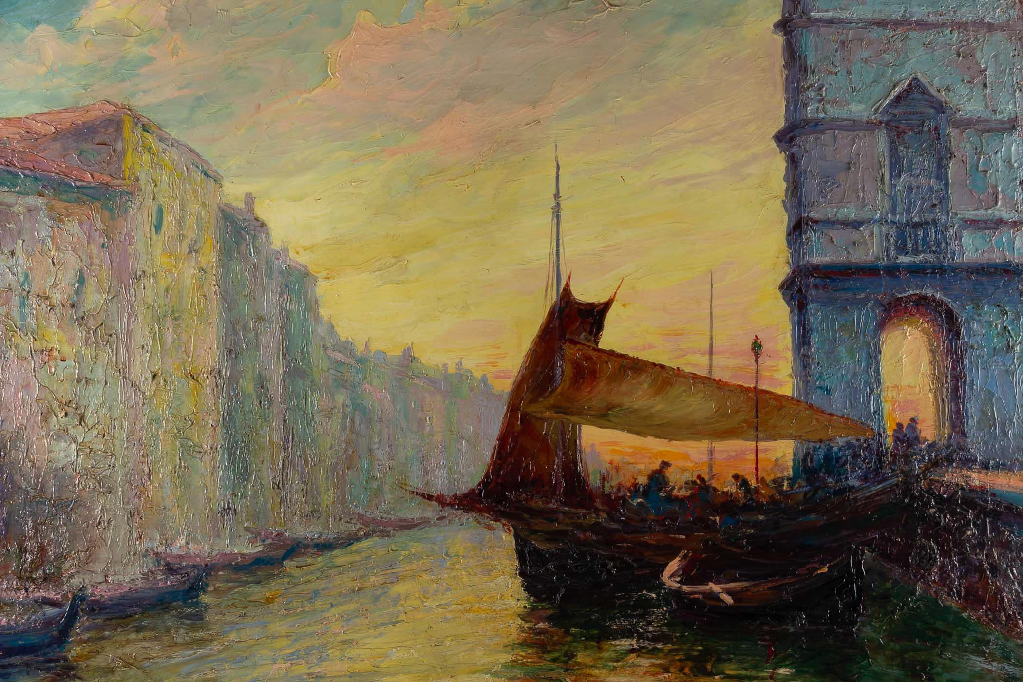 Painted Italo Giordani Oil on Panel Dusk Venice View, circa 1900 For Sale