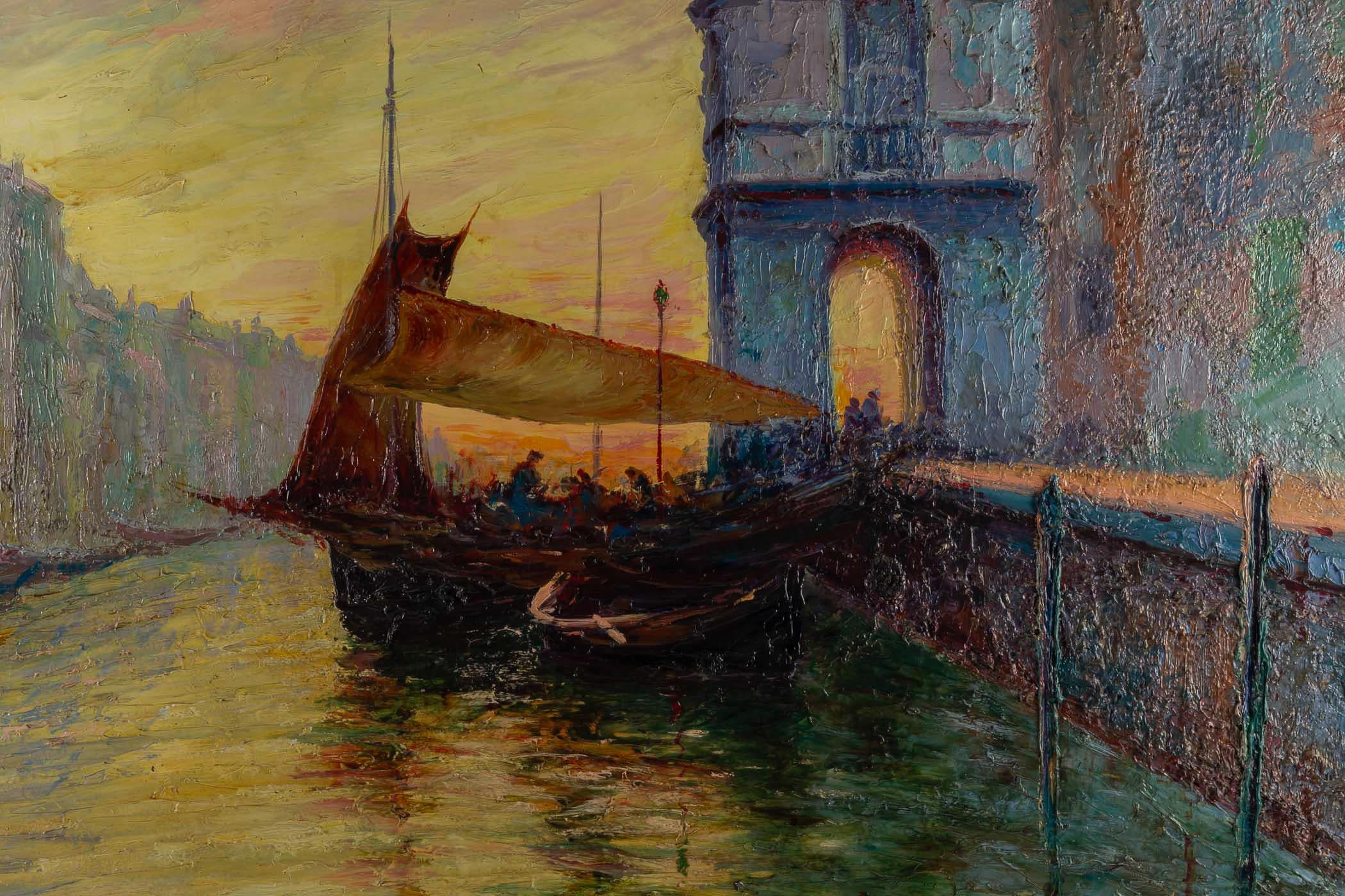 Huile sur panneau d'une vue de bureau à Venise par Italo Giordani, vers 1900 Bon état - En vente à Saint Ouen, FR