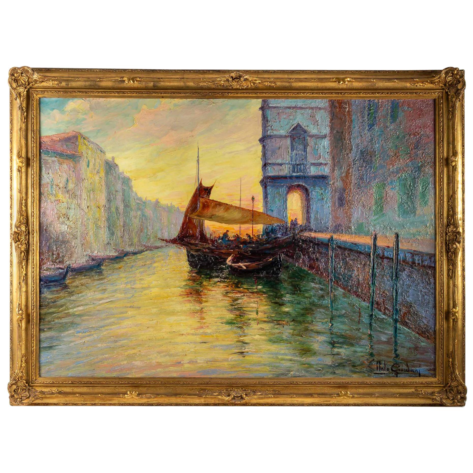 Italo Giordani Oil on Panel Dusk Venice View, circa 1900 For Sale