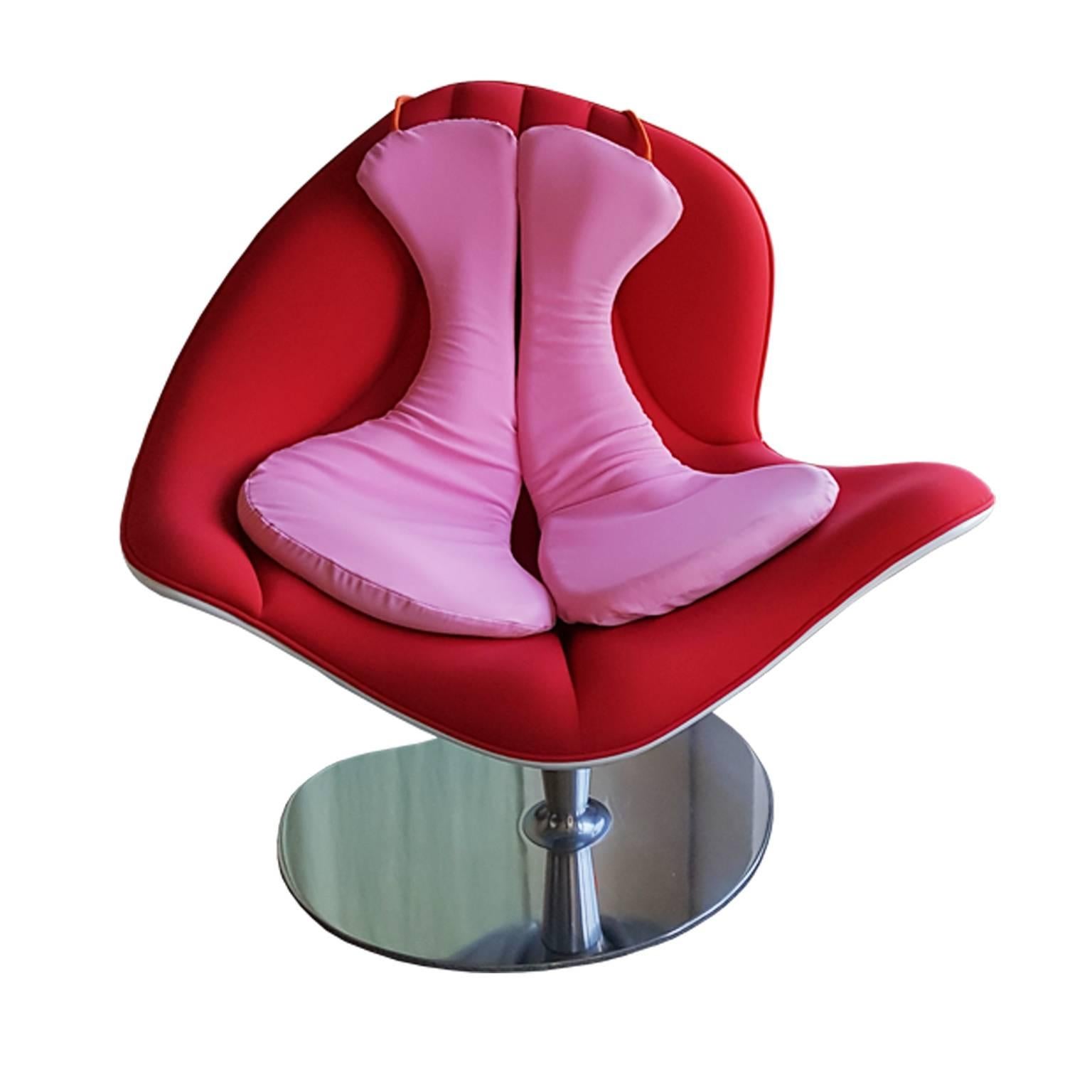 Italo Rota Red Fabric Italian Swivel Armchair with White Back and Steel Base 2